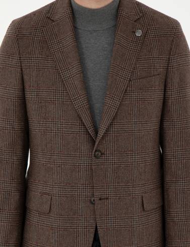 Kahverengi Yün Karışımlı Slim Fit Ceket