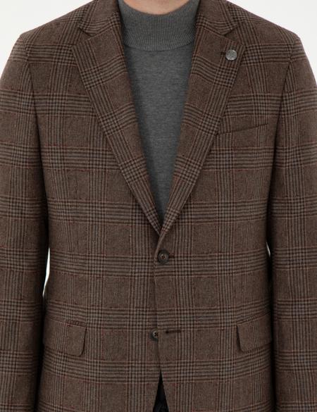 Kahverengi Yün Karışımlı Slim Fit Ceket - 50291933011