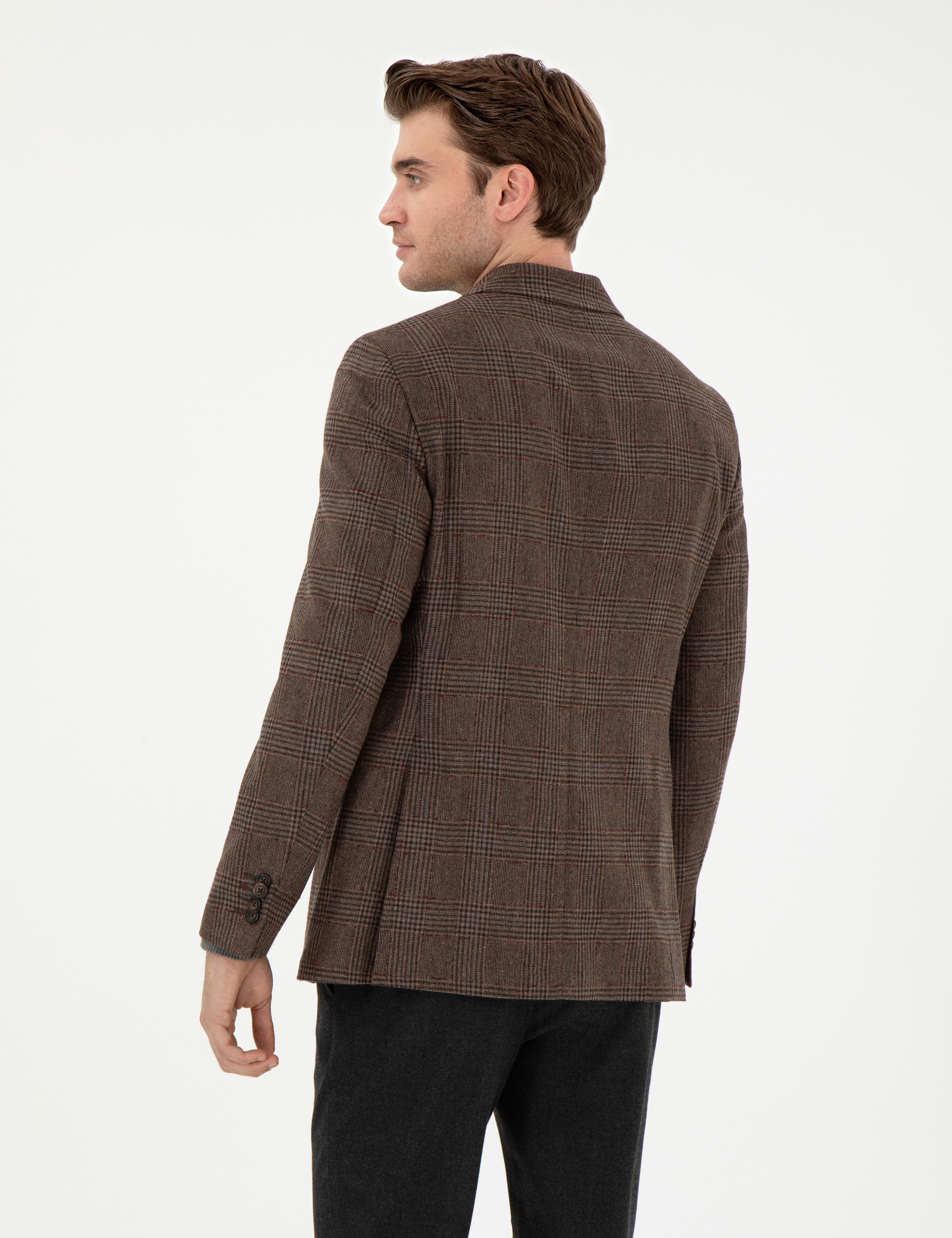 Kahverengi Yün Karışımlı Slim Fit Ceket - Image 5