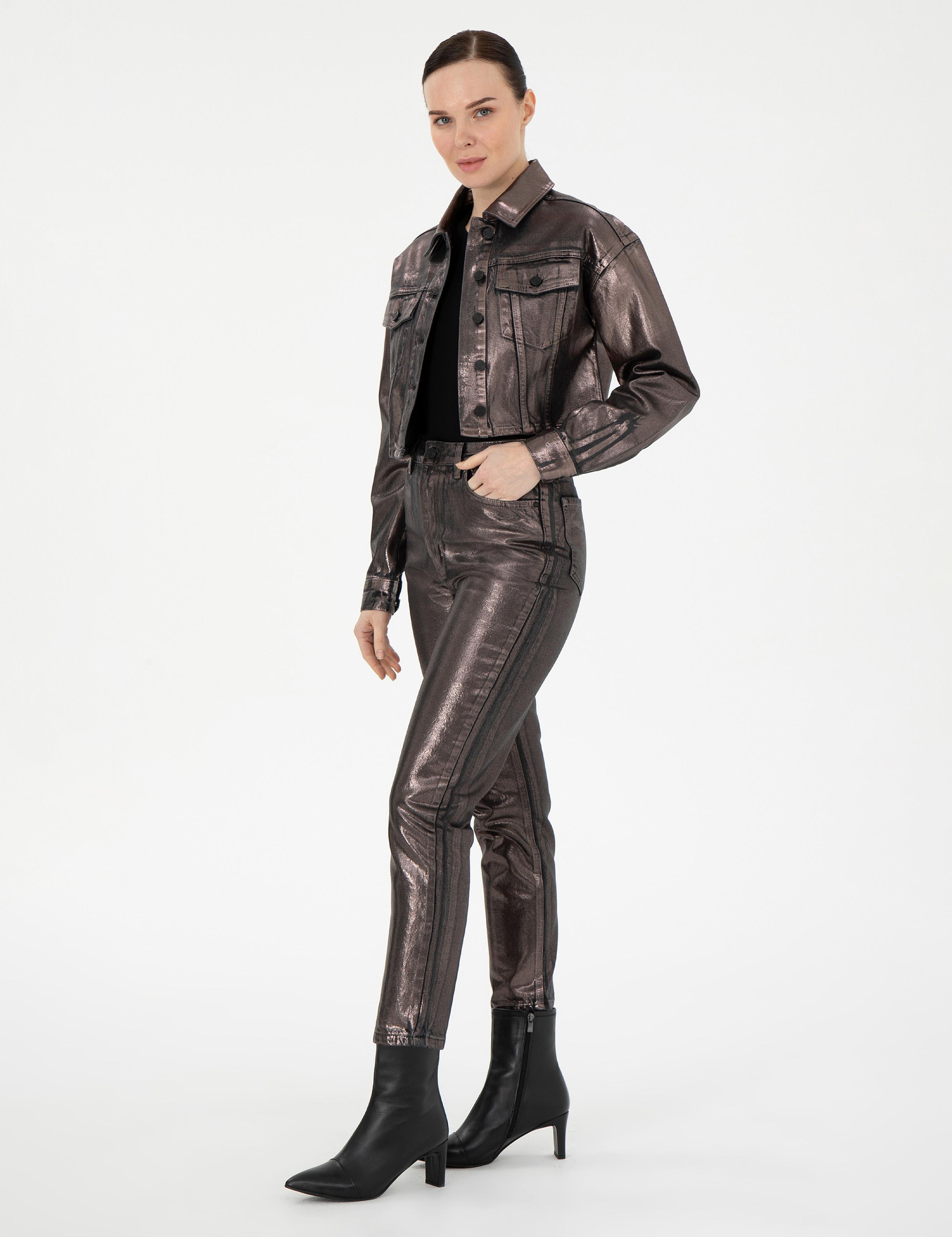 Parlak Antrasit Mom High Waist Fit Jean Pantolon