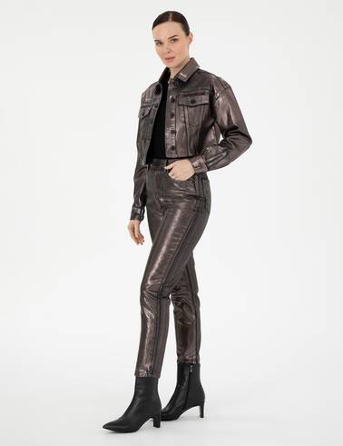 Parlak Antrasit Mom High Waist Fit Jean Pantolon