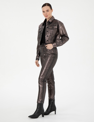 Parlak Antrasit Mom High Waist Fit Jean Pantolon