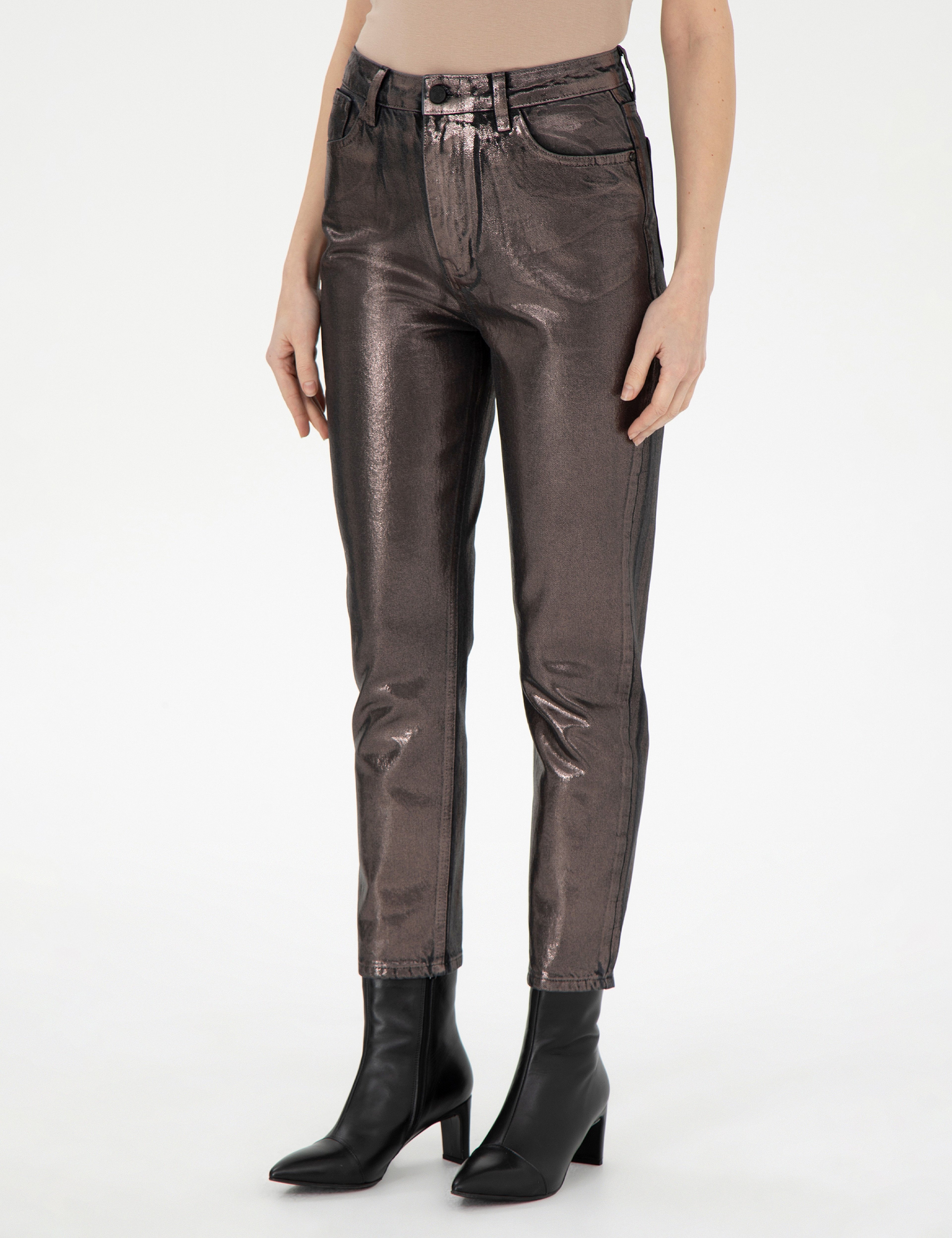 Parlak Antrasit Mom High Waist Fit Jean Pantolon
