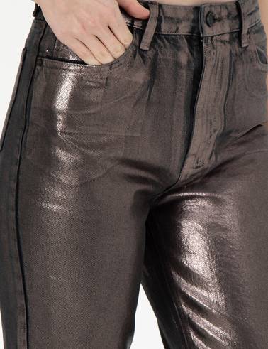 Parlak Antrasit Mom High Waist Fit Jean Pantolon