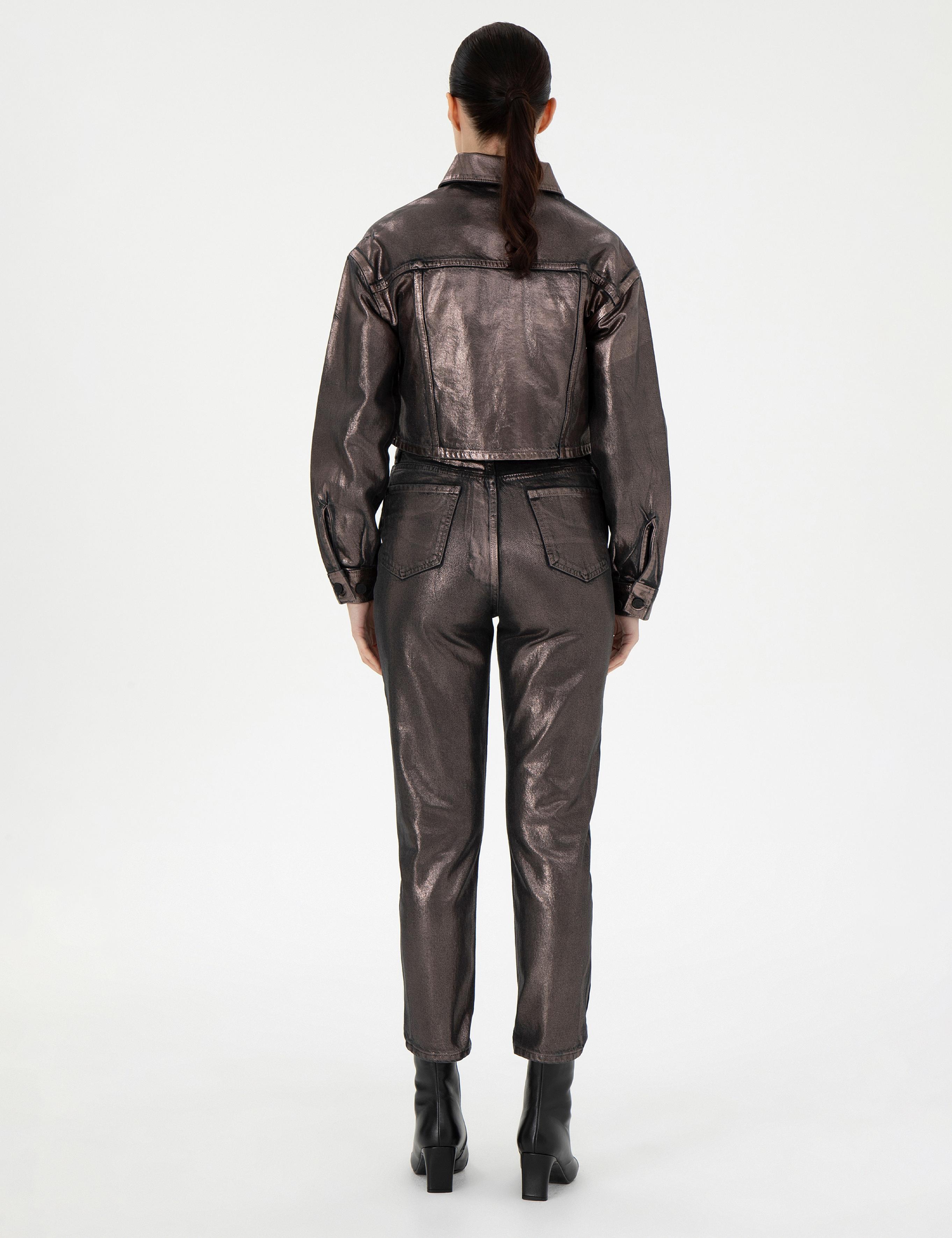 Parlak Antrasit Mom High Waist Fit Jean Pantolon