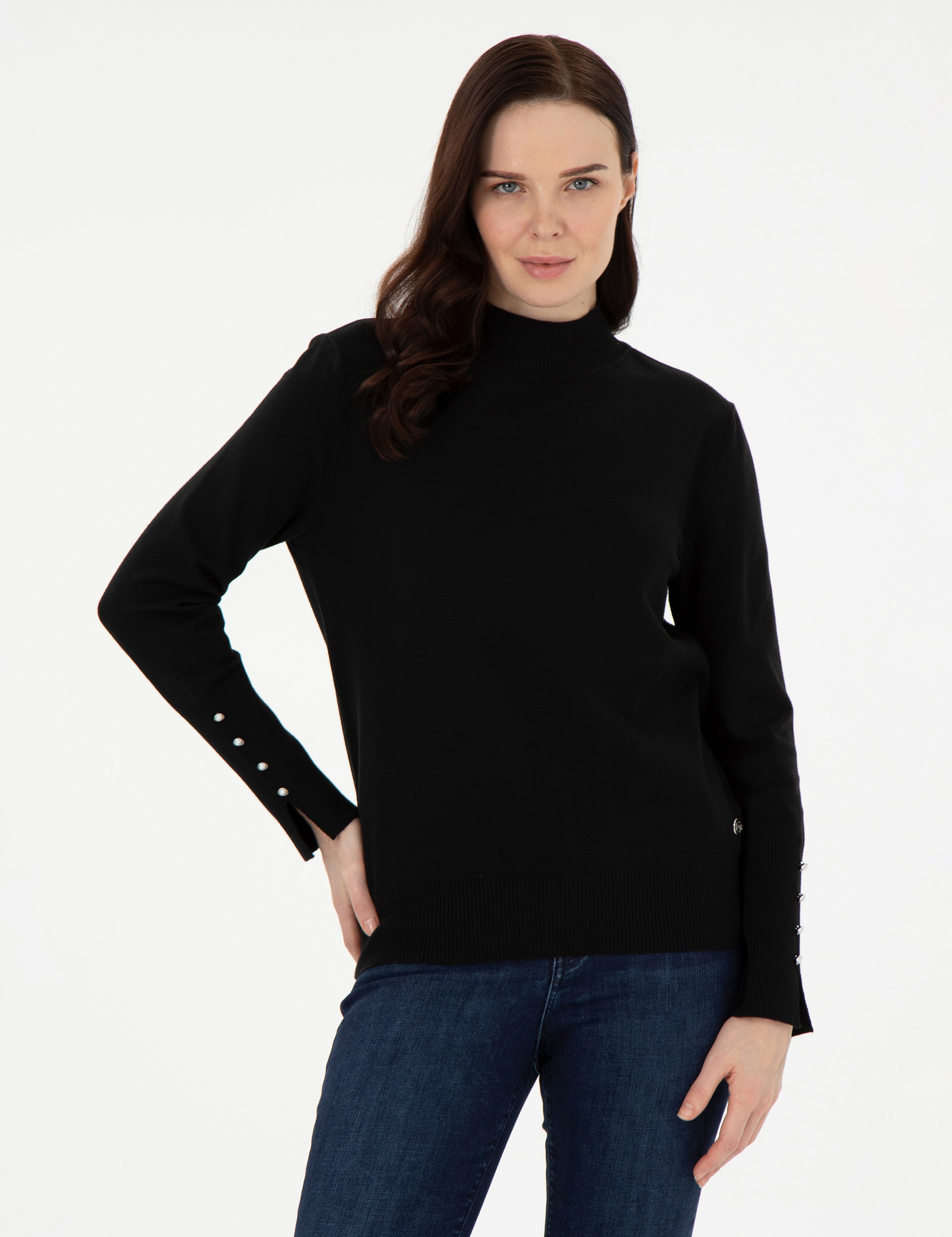 Siyah Slim Fit Yarım Balıkçı Yaka Basic Kazak - Image 1