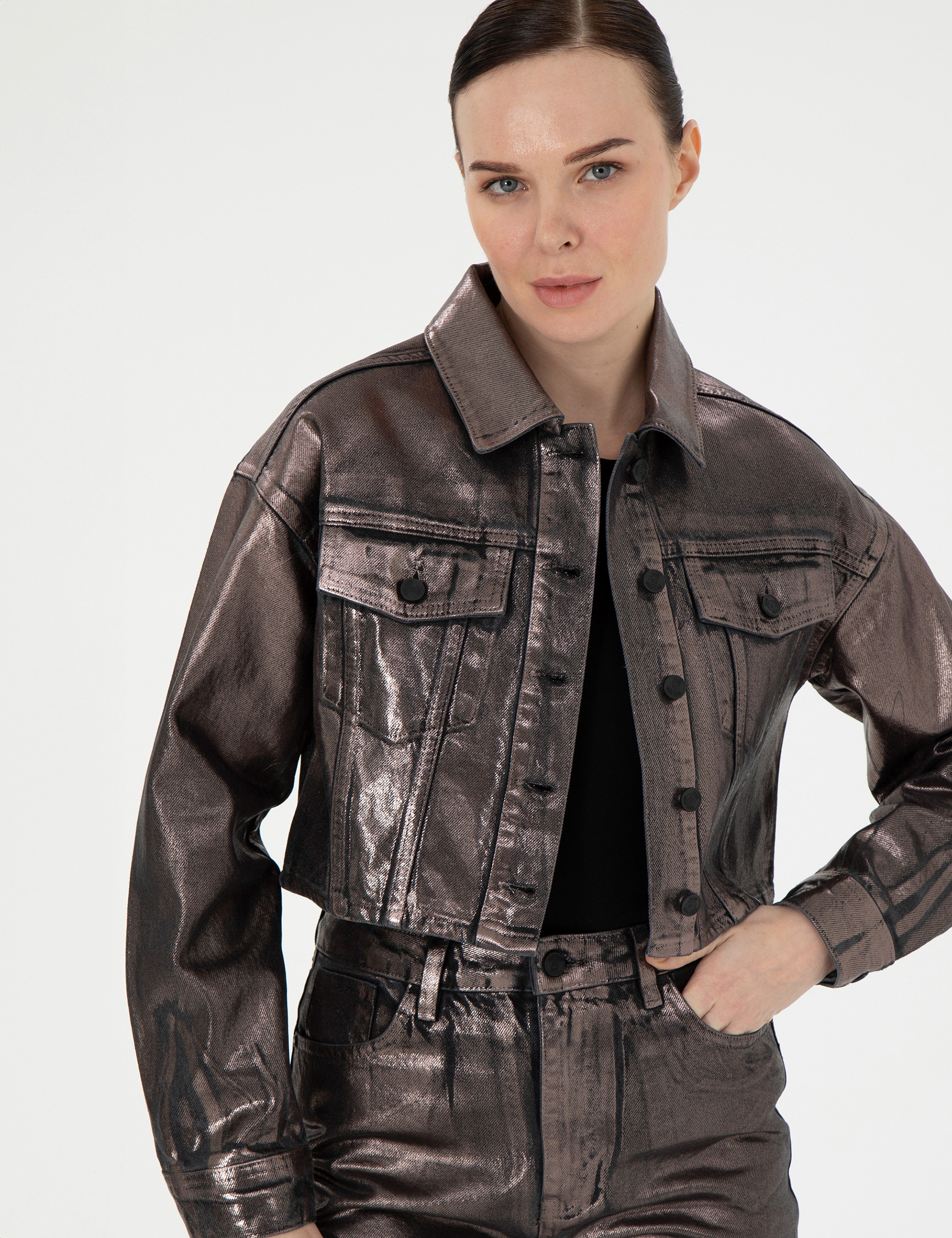 Antrasit Crop Top Jean Ceket - Image 3