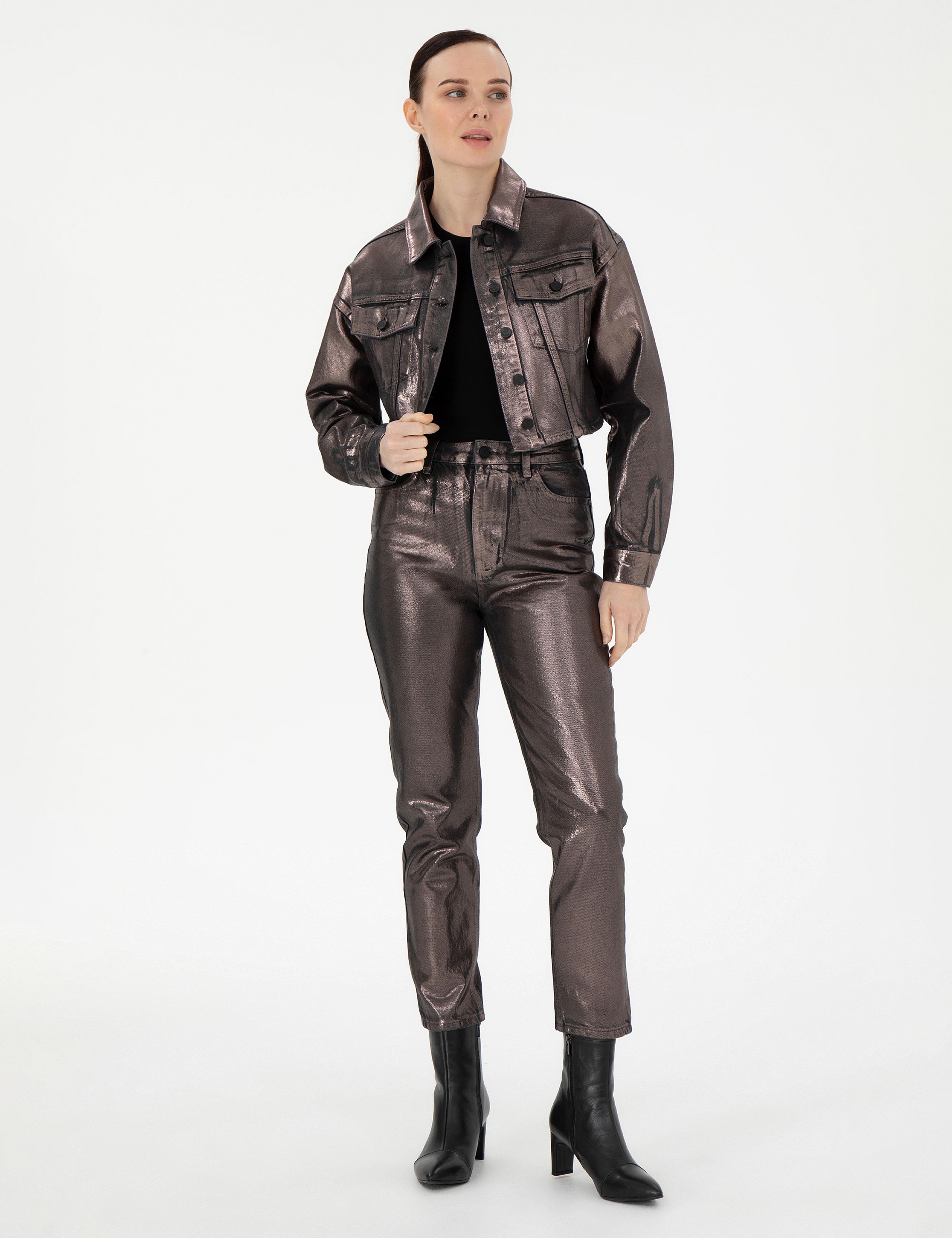 Antrasit Crop Top Jean Ceket - Image 4