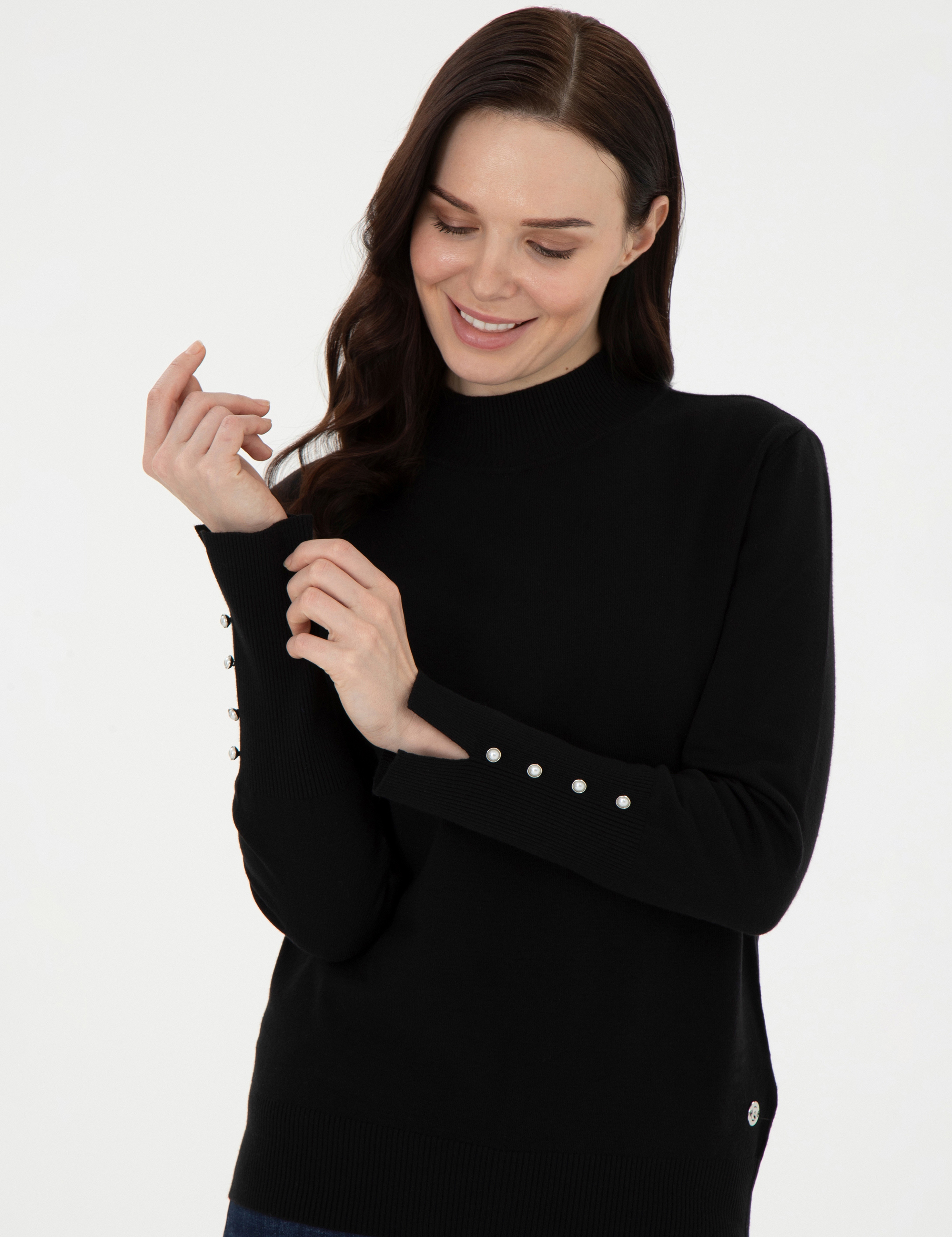 Siyah Slim Fit Yarım Balıkçı Yaka Basic Kazak - Image 3