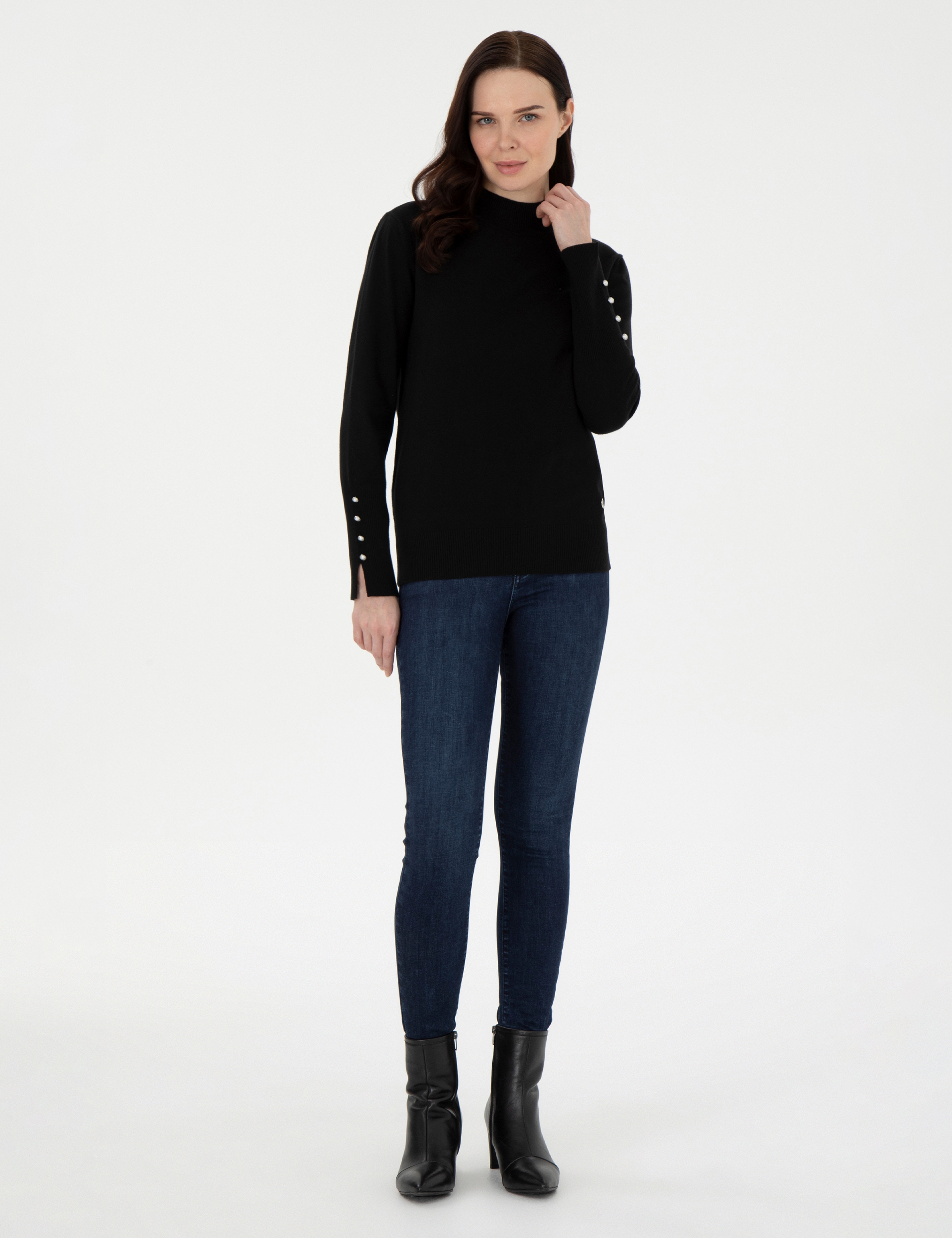 Siyah Slim Fit Yarım Balıkçı Yaka Basic Kazak - Image 4