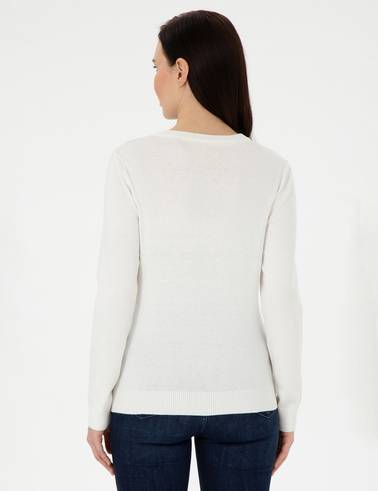 Ekru Slim Fit V Yaka Basic Kazak