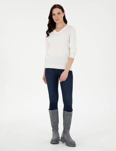 Ekru Slim Fit V Yaka Basic Kazak