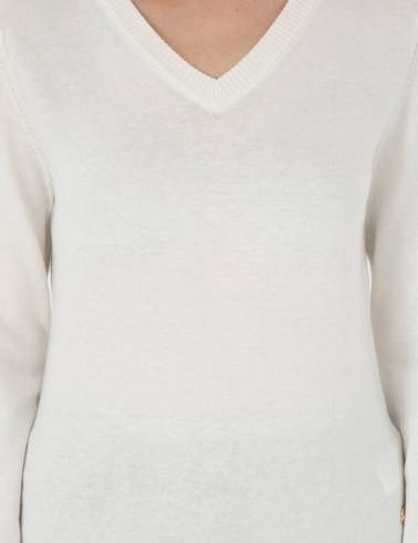 Ekru Slim Fit V Yaka Basic Kazak