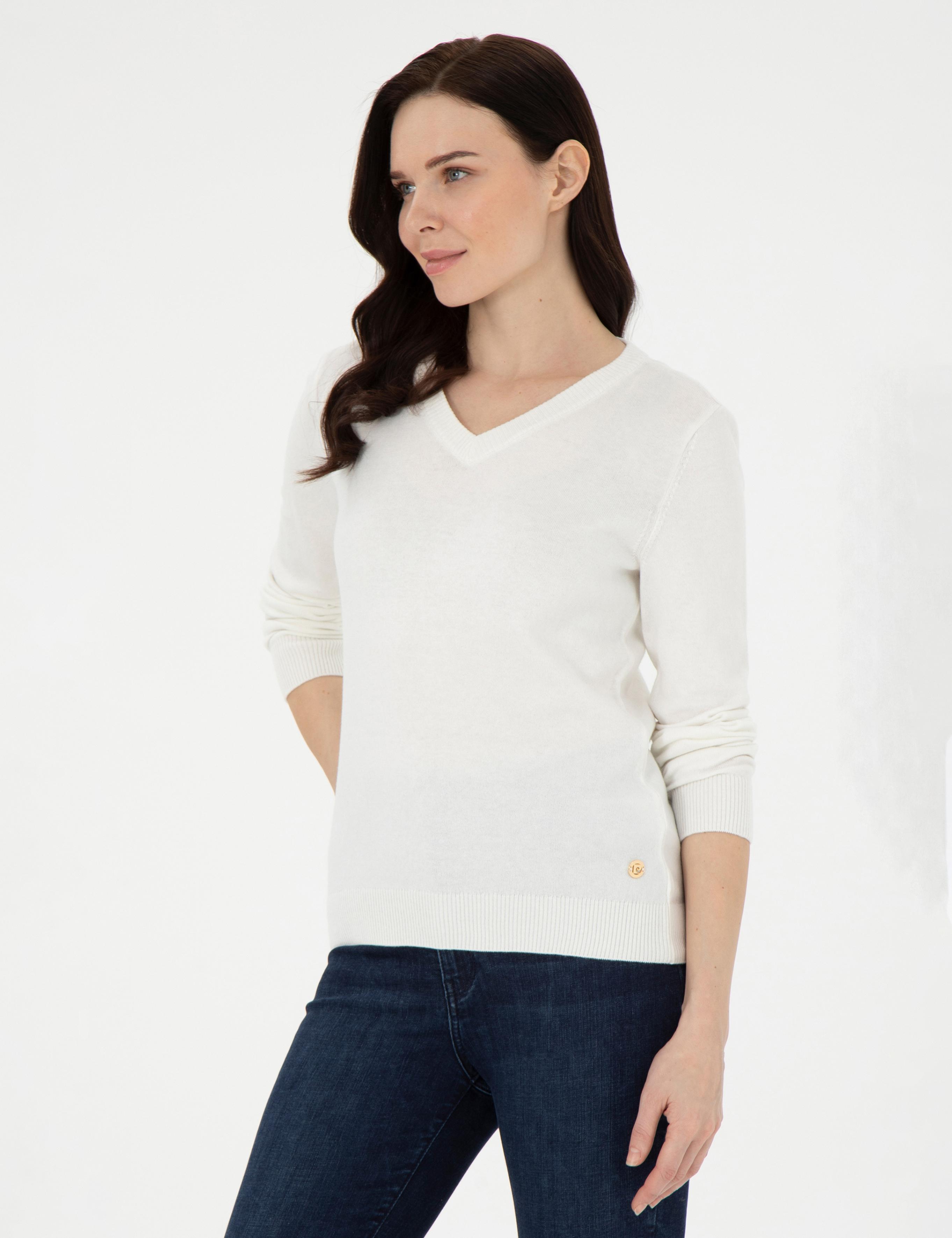 Ekru Slim Fit V Yaka Basic Kazak