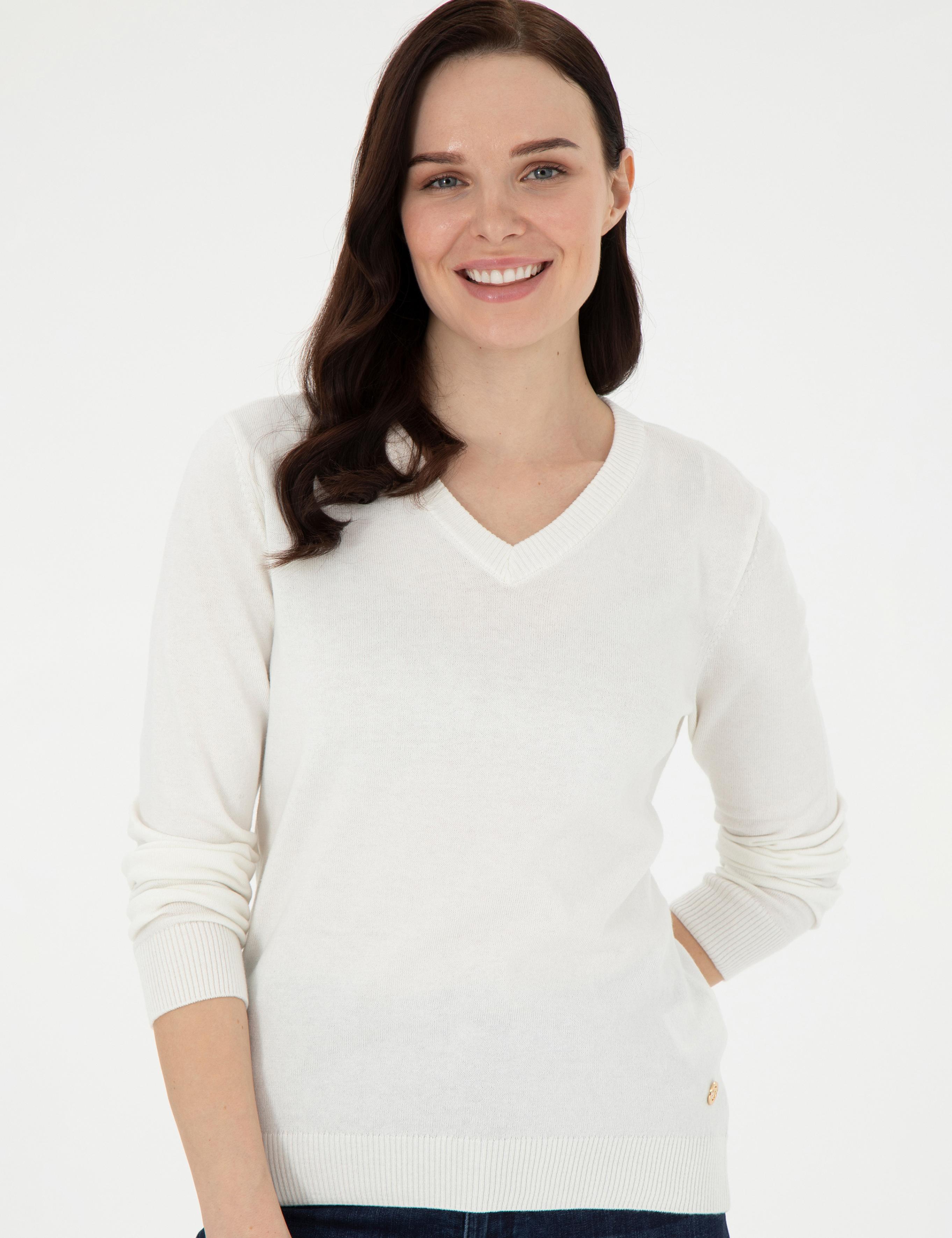 Ekru Slim Fit V Yaka Basic Kazak