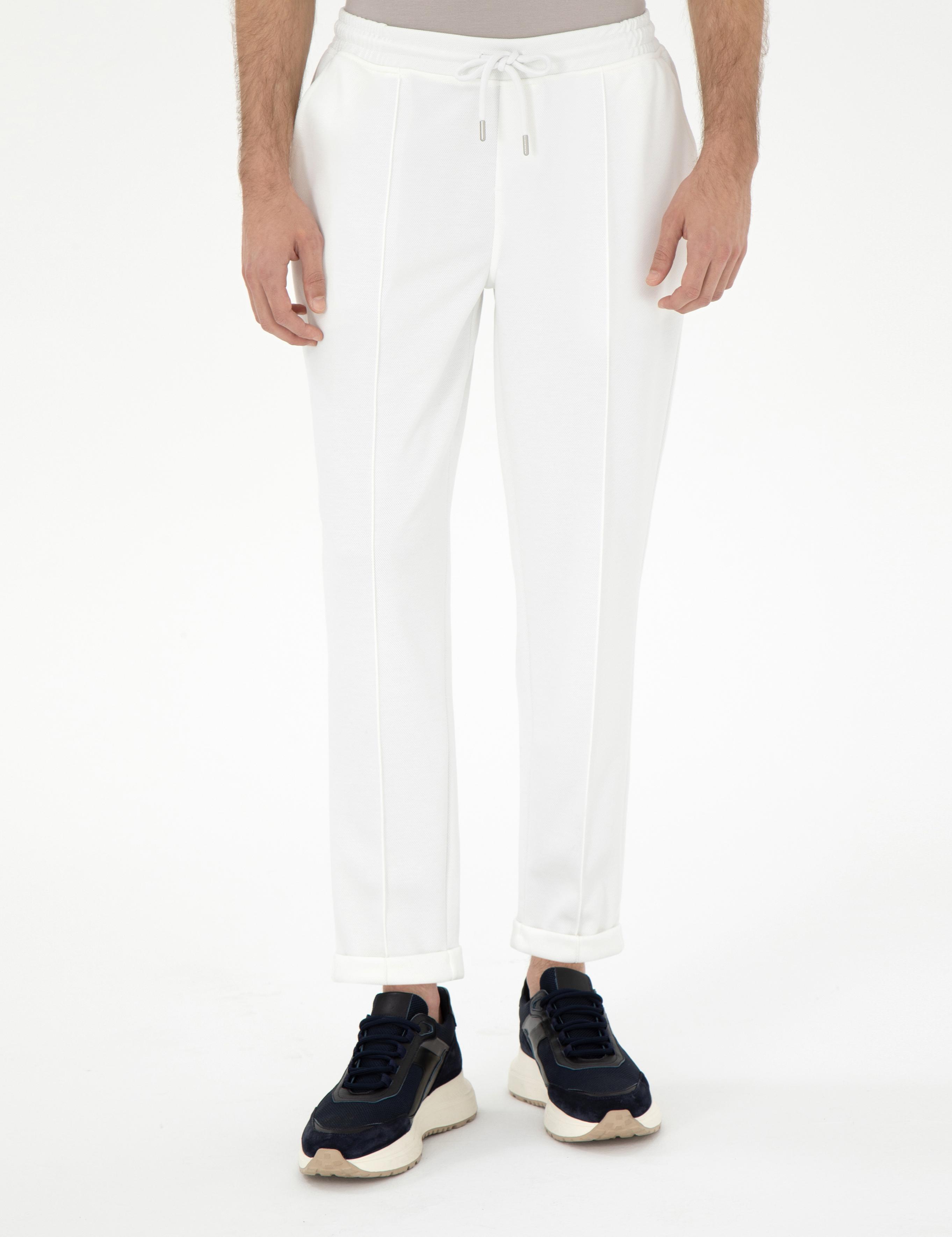 Ekru Slim Fit Nervürlü  Duble Paça Eşofman Altı