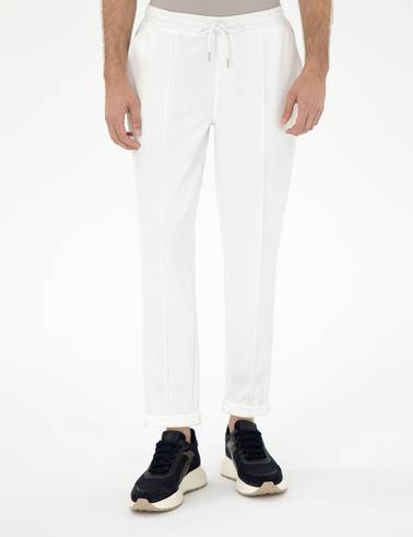 Ekru Slim Fit Nervürlü  Duble Paça Eşofman Altı