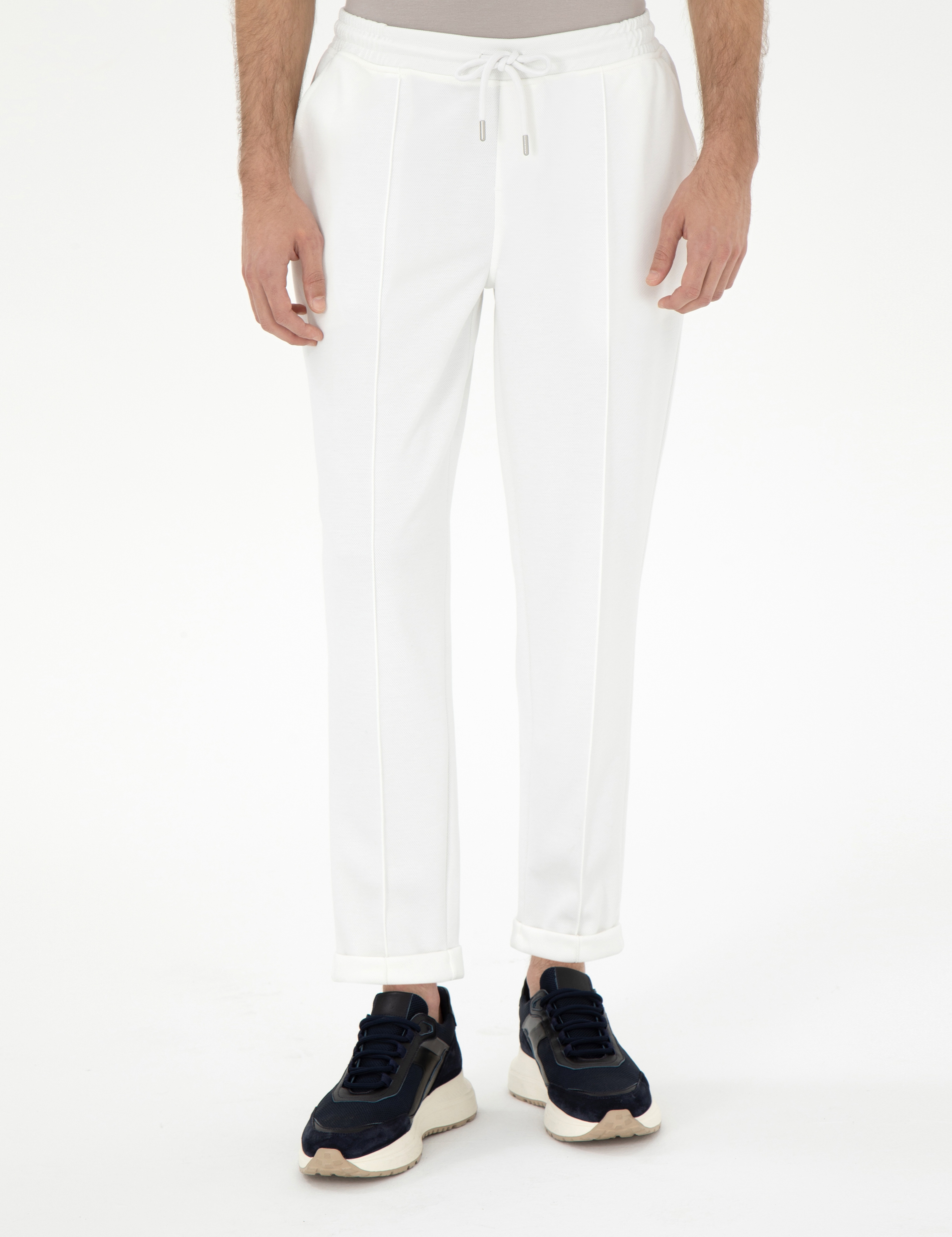 Ekru Slim Fit Nervürlü Duble Paça Eşofman Altı - Image 2