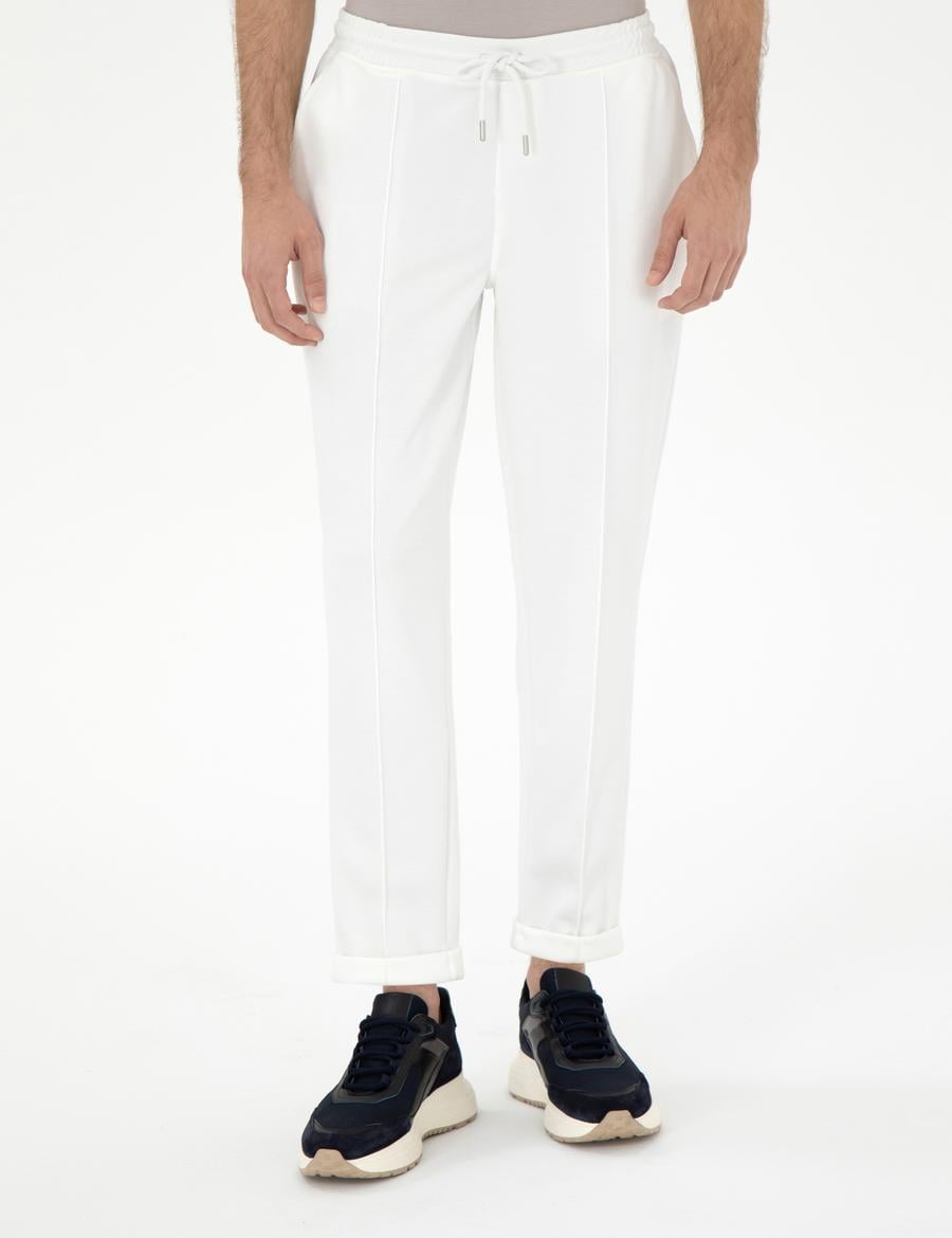 Ekru Slim Fit Nervürlü  Duble Paça Eşofman Altı