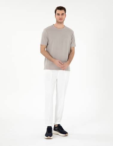 Ekru Slim Fit Nervürlü  Duble Paça Eşofman Altı