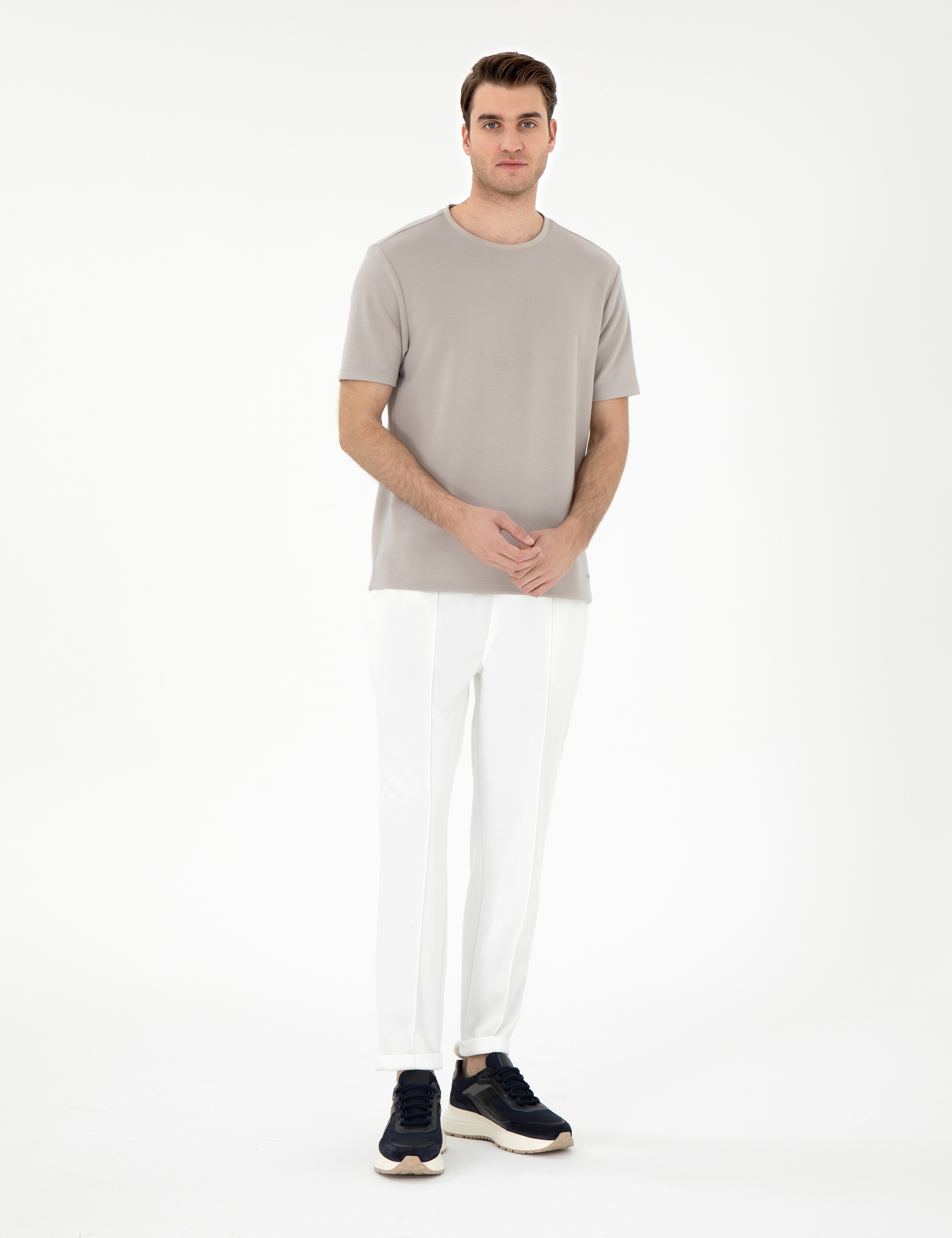 Ekru Slim Fit Nervürlü Duble Paça Eşofman Altı - Image 1