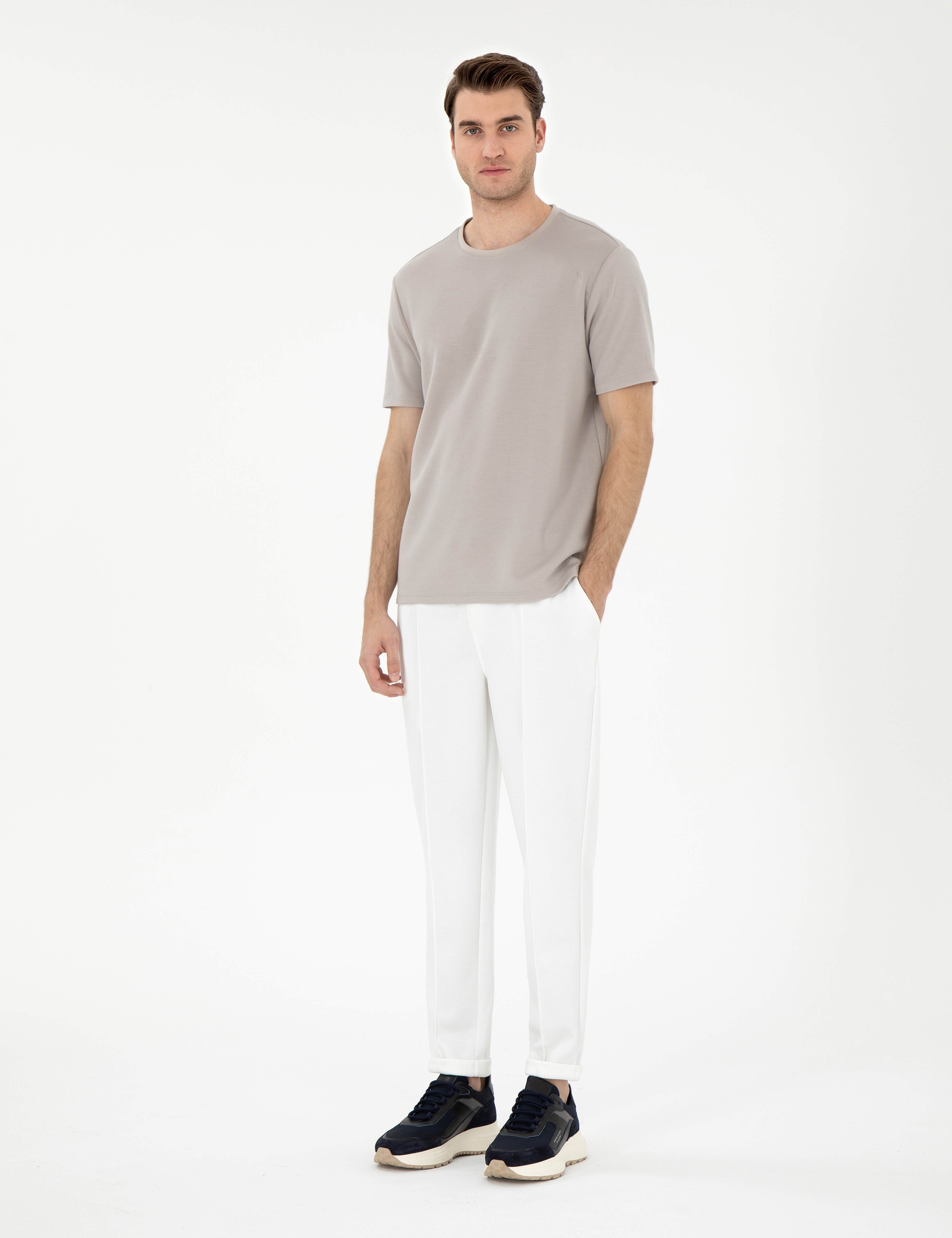 Ekru Slim Fit Nervürlü  Duble Paça Eşofman Altı