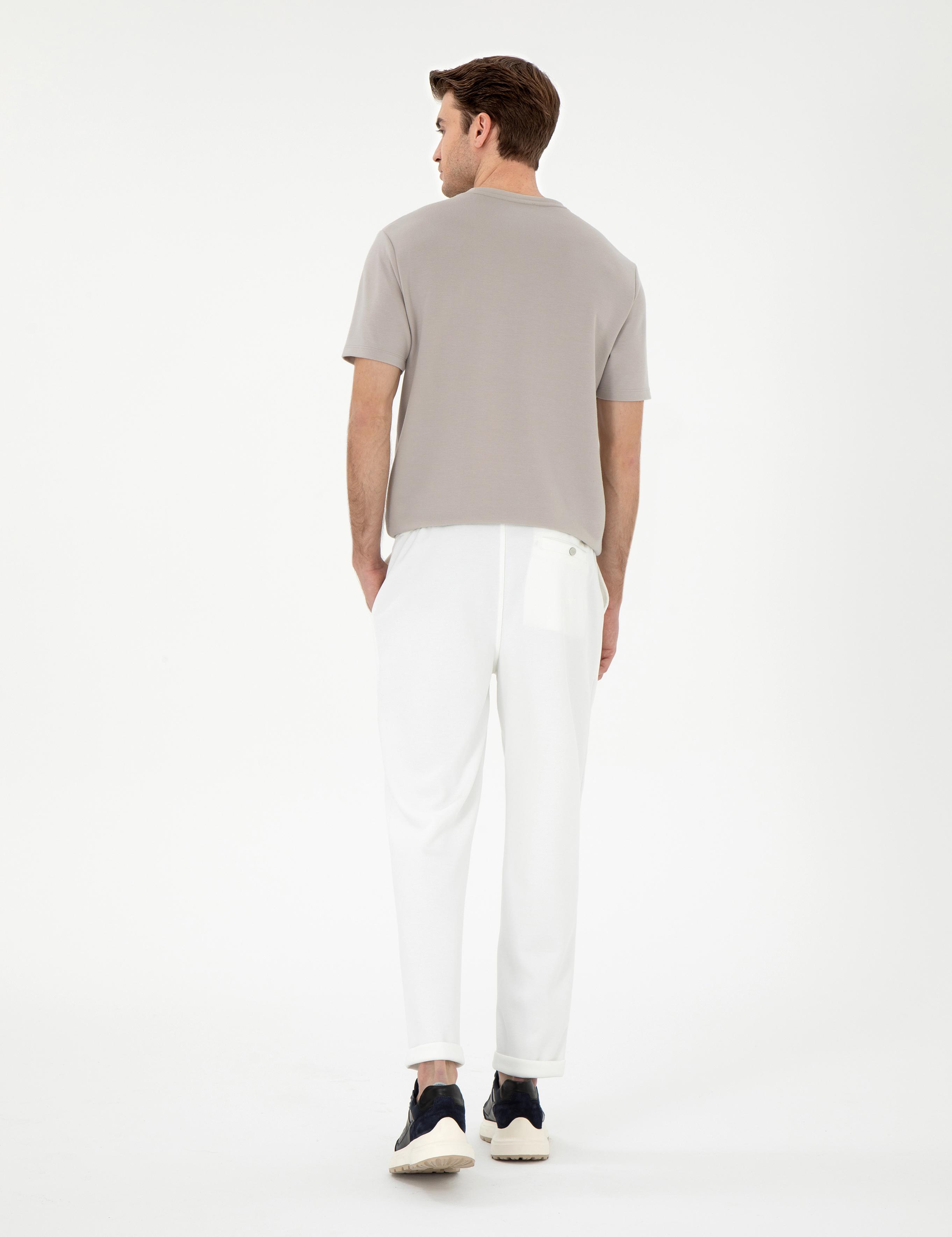 Ekru Slim Fit Nervürlü  Duble Paça Eşofman Altı