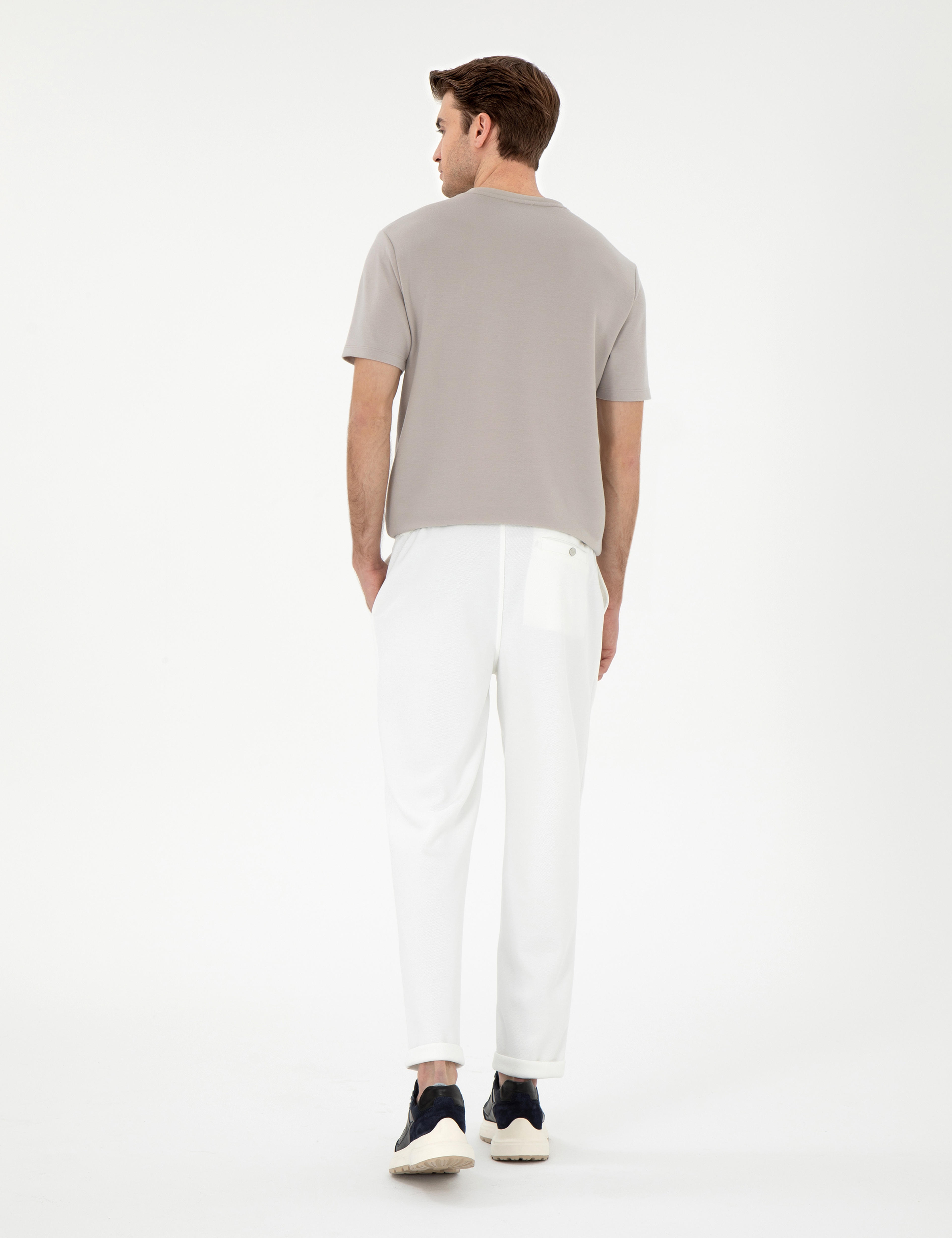 Ekru Slim Fit Nervürlü Duble Paça Eşofman Altı - Image 4