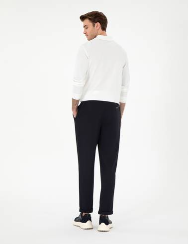 Lacivert Slim Fit Nervürlü Duble Paça Eşofman Altı