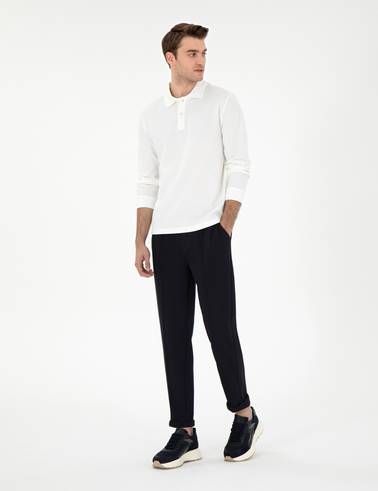 Lacivert Slim Fit Nervürlü Duble Paça Eşofman Altı