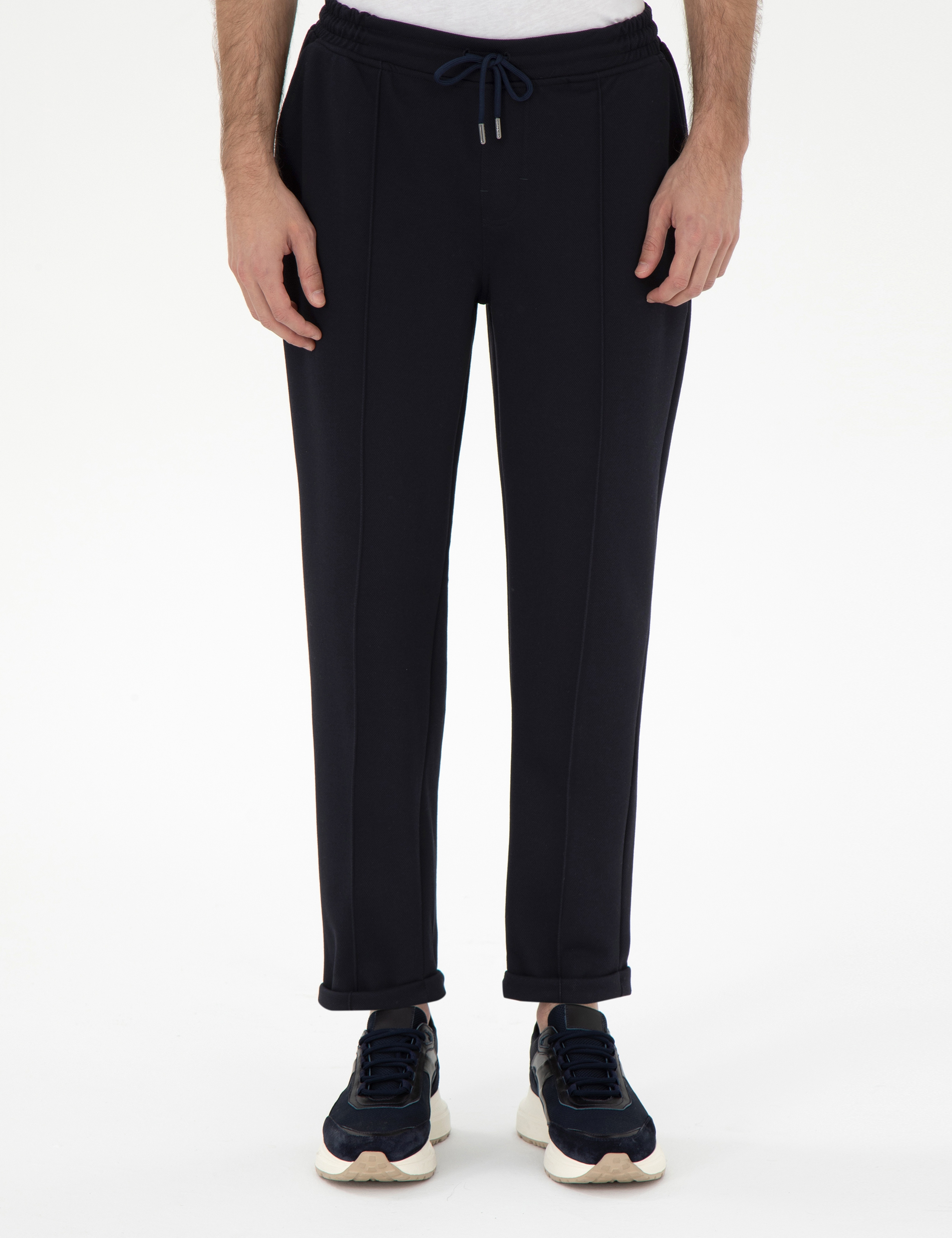 Lacivert Slim Fit Nervürlü  Duble Paça Eşofman Altı