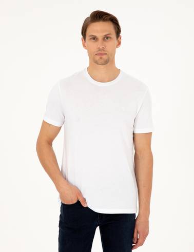 Beyaz Slim Fit %100 Pamuk Bisiklet Yaka Basic Tişört