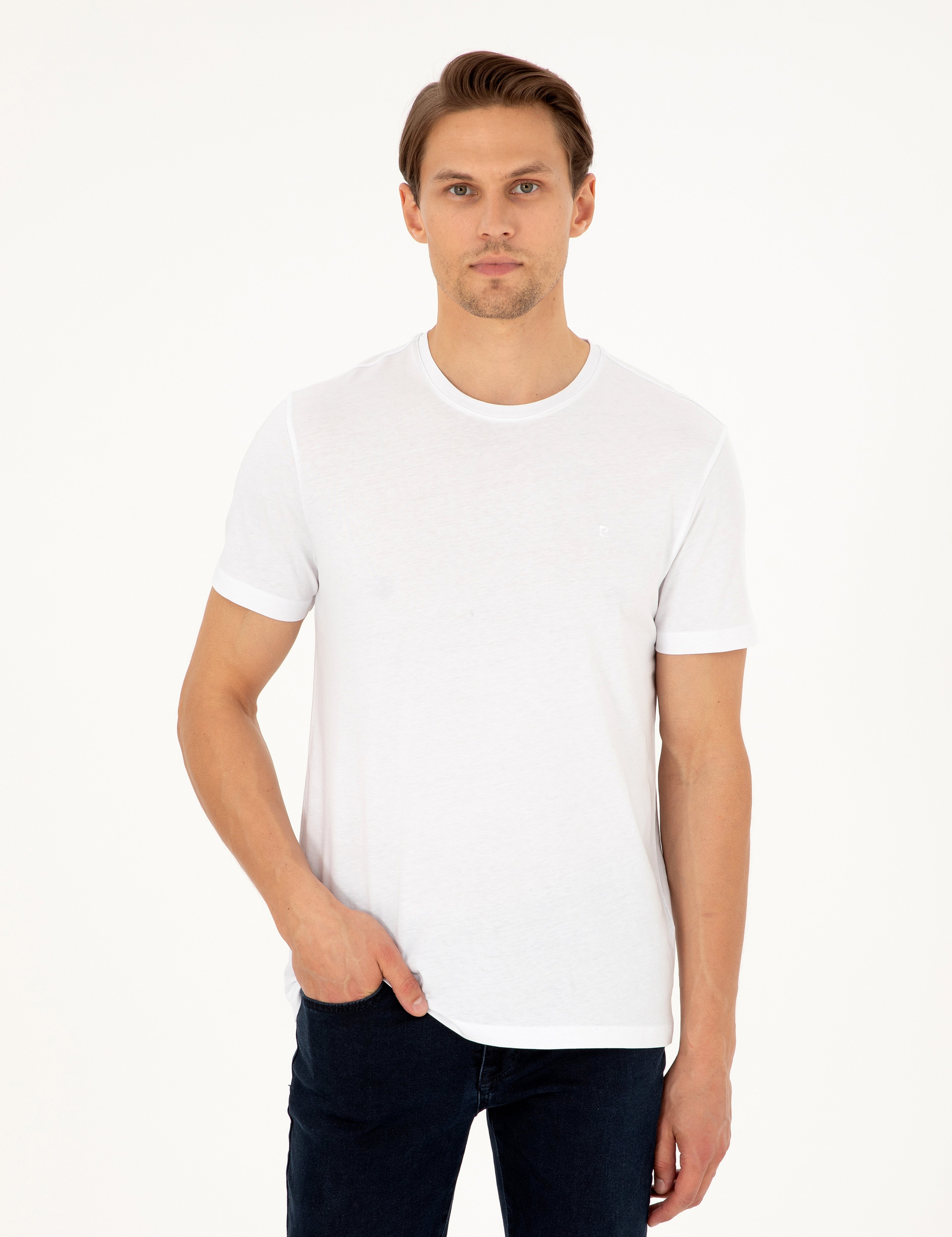 Beyaz Slim Fit %100 Pamuk Bisiklet Yaka Basic Tişört - Image 1