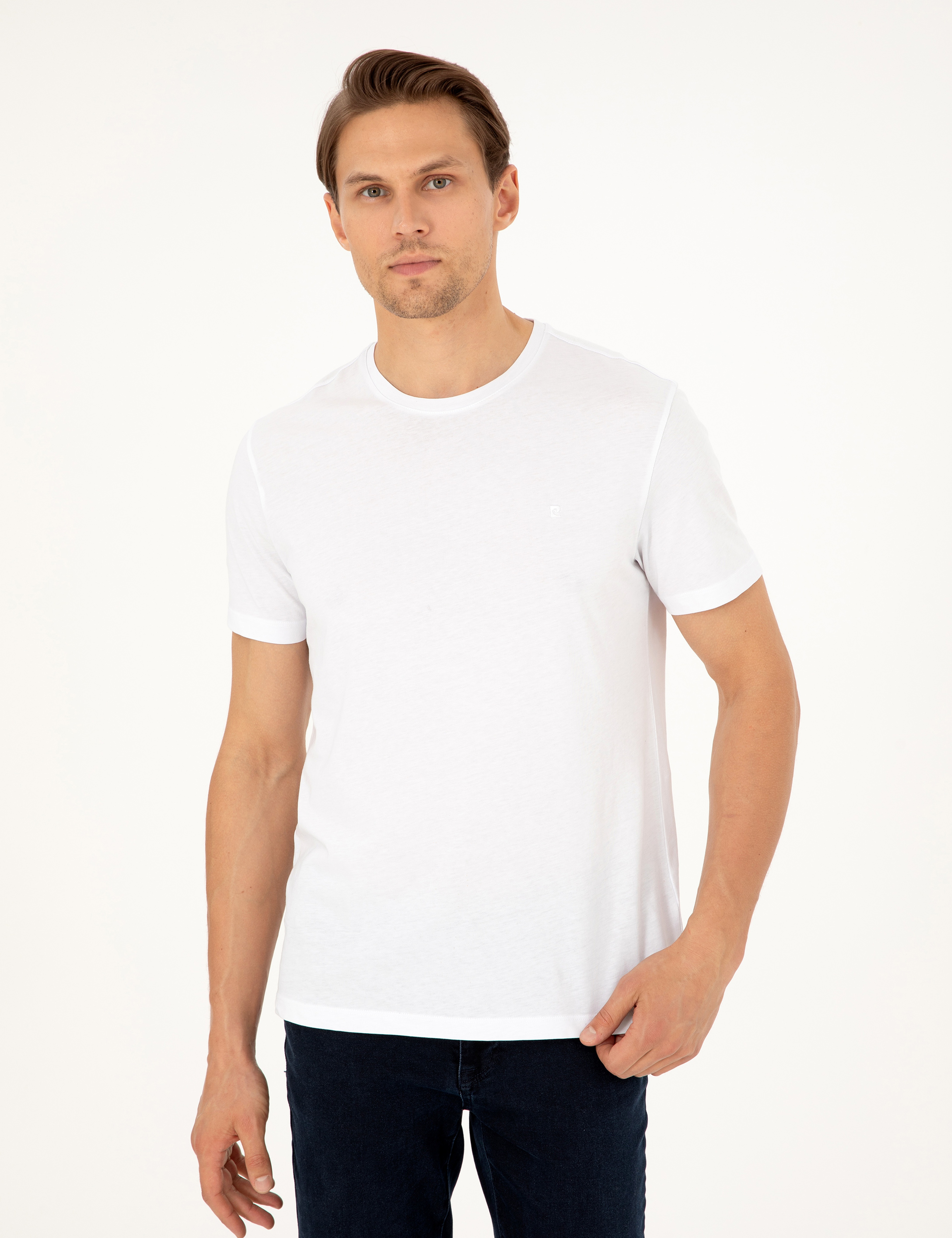 Beyaz Slim Fit %100 Pamuk Bisiklet Yaka Basic Tişört - Image 3
