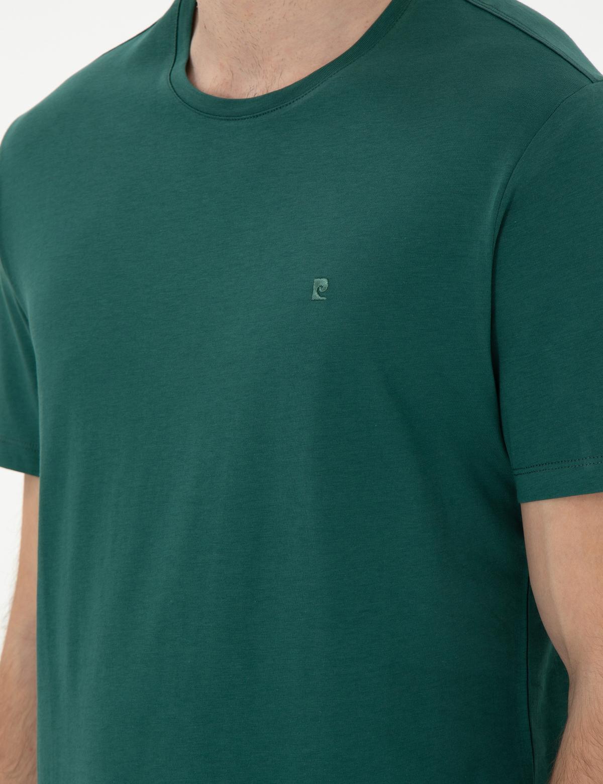 Koyu Yeşil %100 Pamuk Slim Fit Bisiklet Yaka Basic Tişört - 50306980071