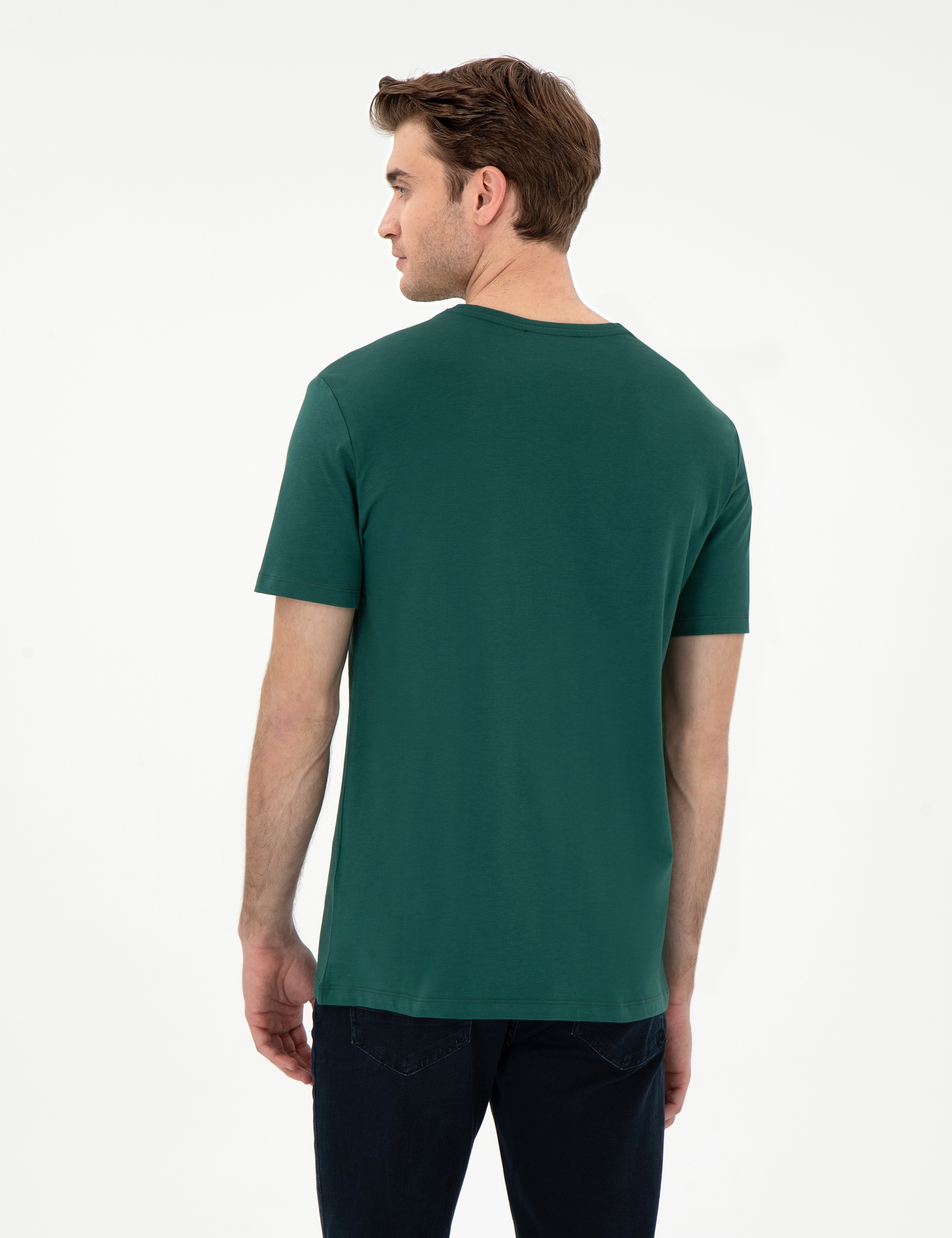 Koyu Yeşil Slim Fit %100 Pamuk Bisiklet Yaka Basic Tişört - Image 5