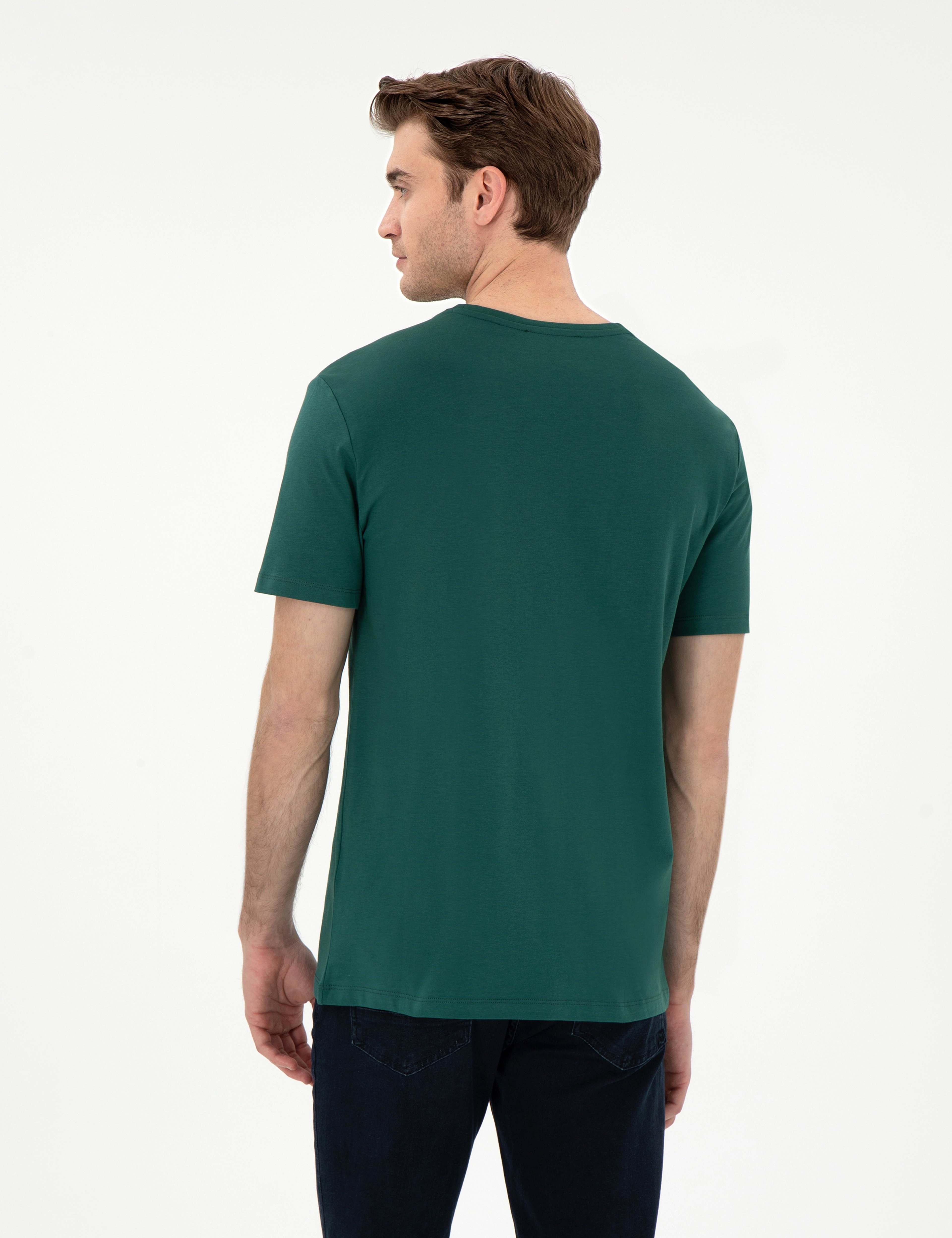 Koyu Yeşil Slim Fit %100 Pamuk Bisiklet Yaka Basic Tişört