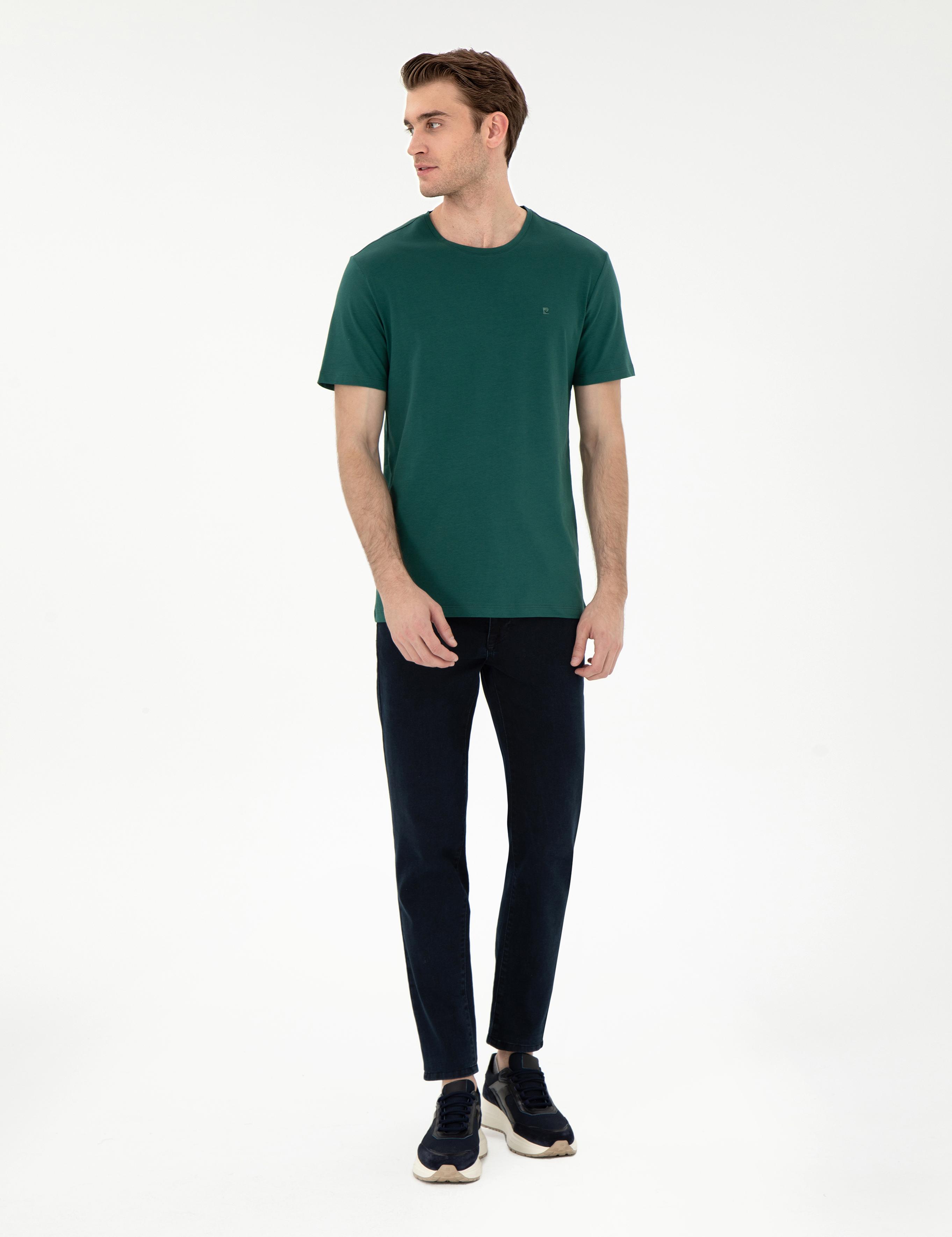 Koyu Yeşil %100 Pamuk Slim Fit Bisiklet Yaka Basic Tişört