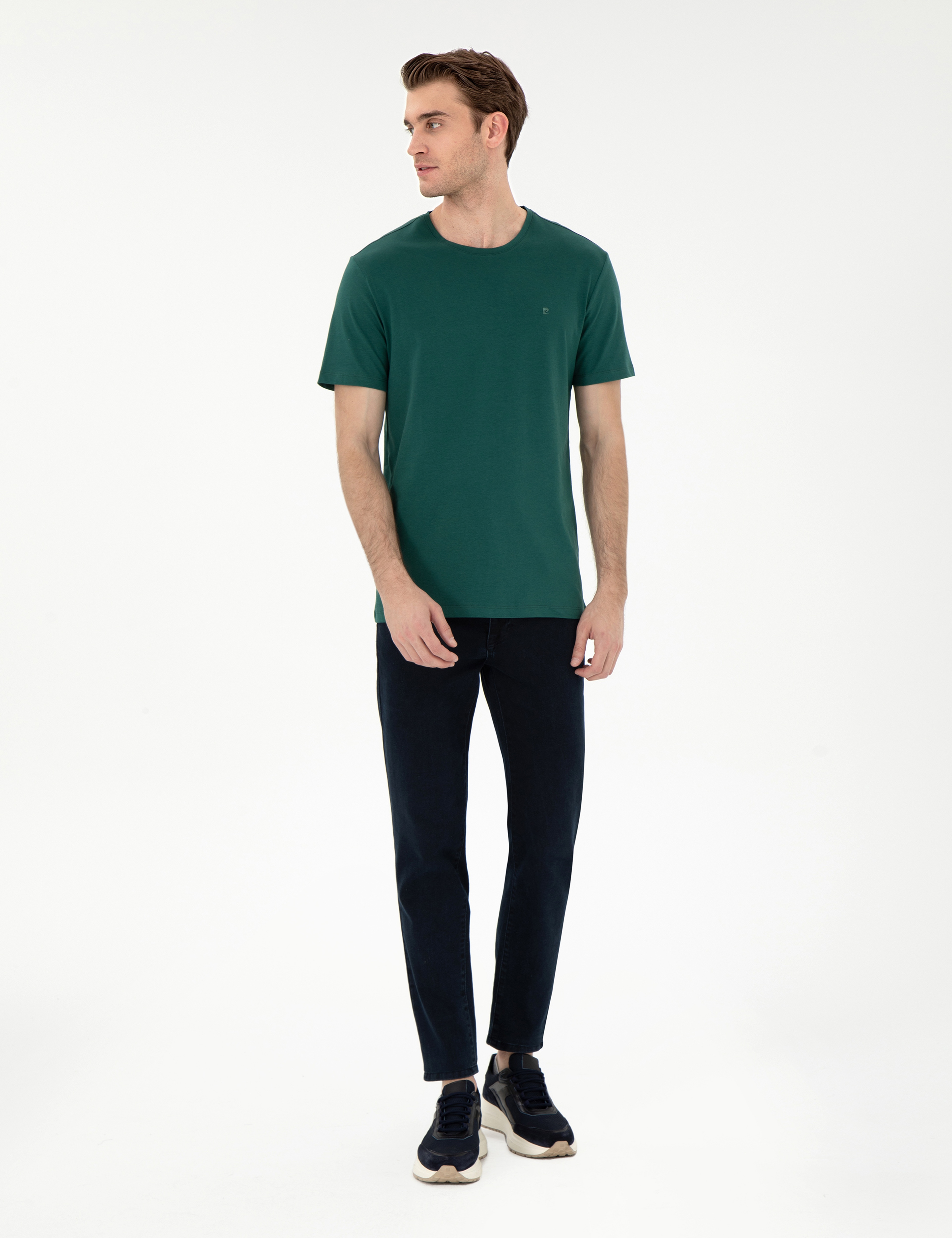 Koyu Yeşil Slim Fit %100 Pamuk Bisiklet Yaka Basic Tişört - Image 4