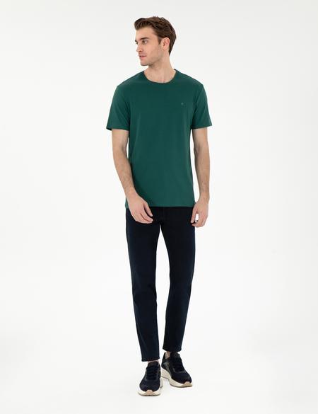 Koyu Yeşil %100 Pamuk Slim Fit Bisiklet Yaka Basic Tişört - 50306980071