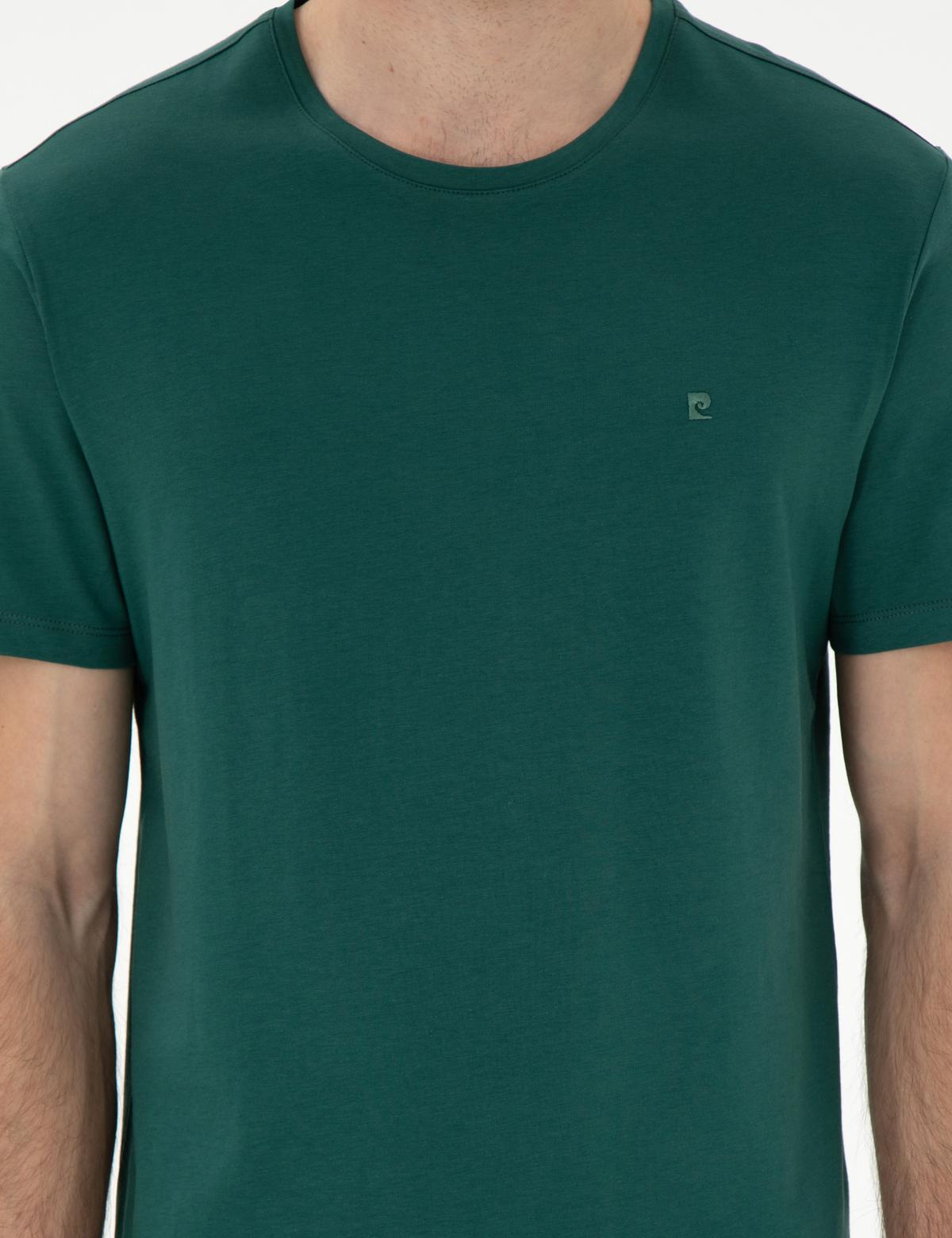 Koyu Yeşil %100 Pamuk Slim Fit Bisiklet Yaka Basic Tişört - 50306980071