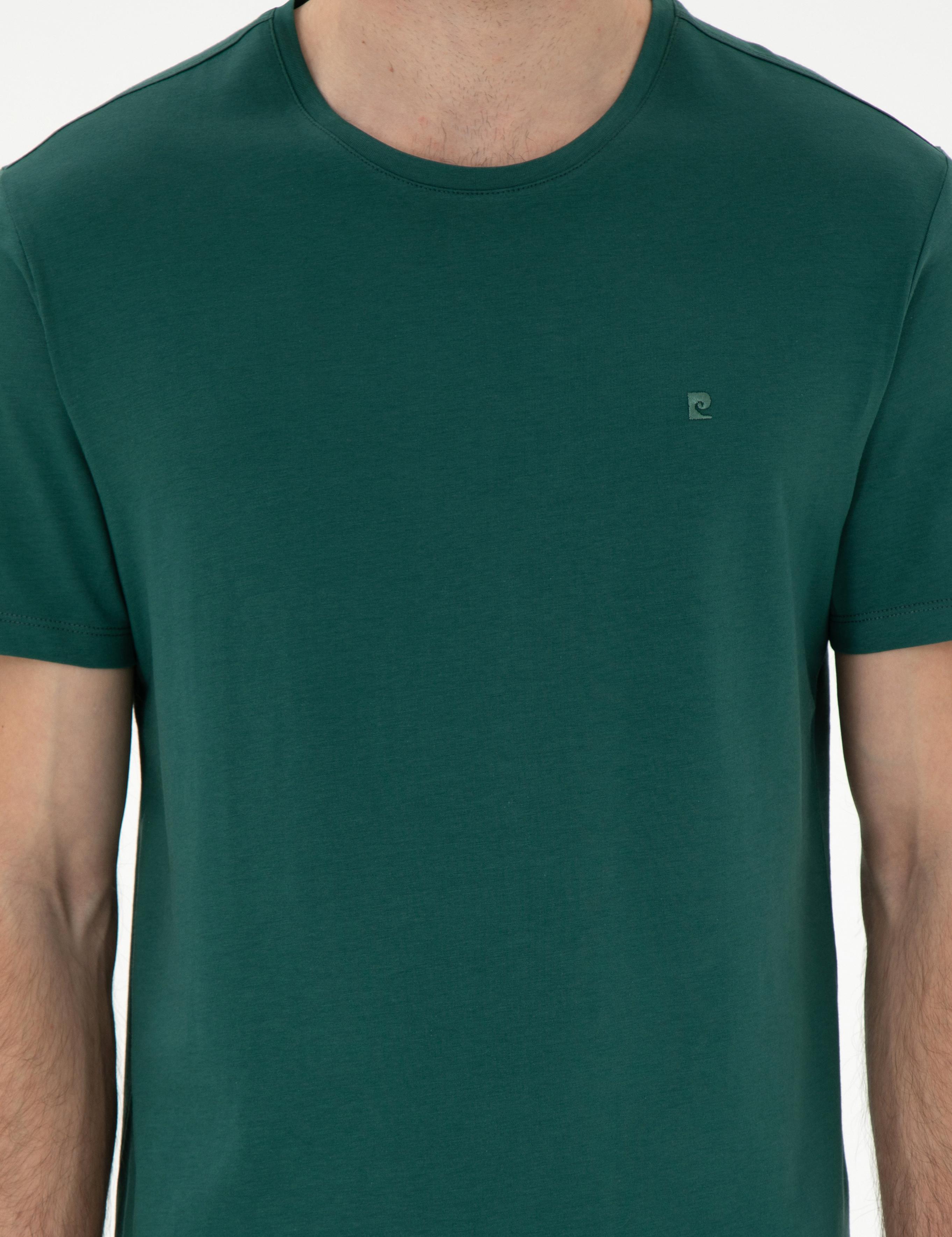 Koyu Yeşil %100 Pamuk Slim Fit Bisiklet Yaka Basic Tişört