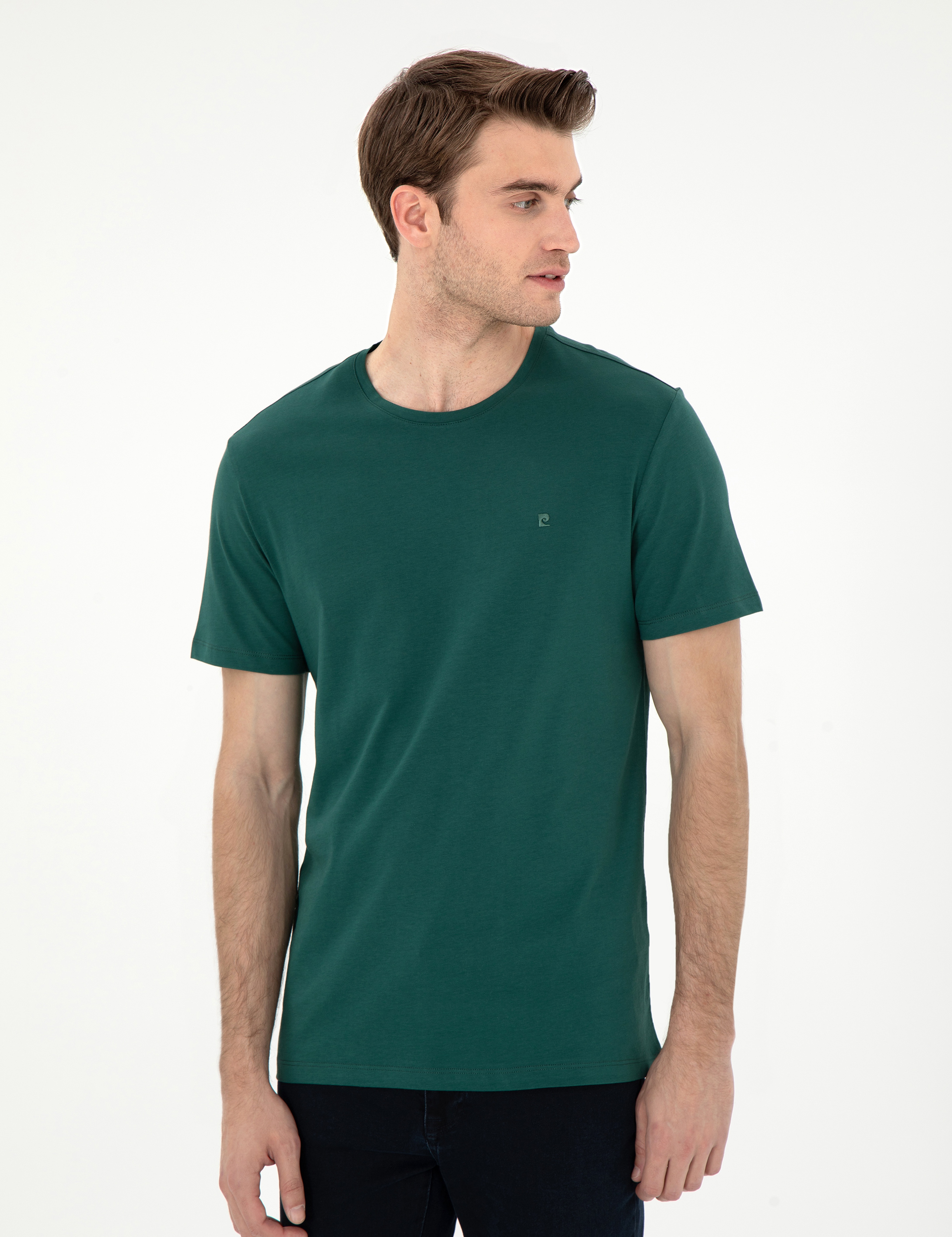 Koyu Yeşil Slim Fit %100 Pamuk Bisiklet Yaka Basic Tişört - Image 3