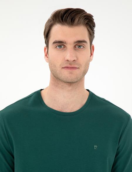 Koyu Yeşil %100 Pamuk Slim Fit Bisiklet Yaka Basic Tişört - 50306980071