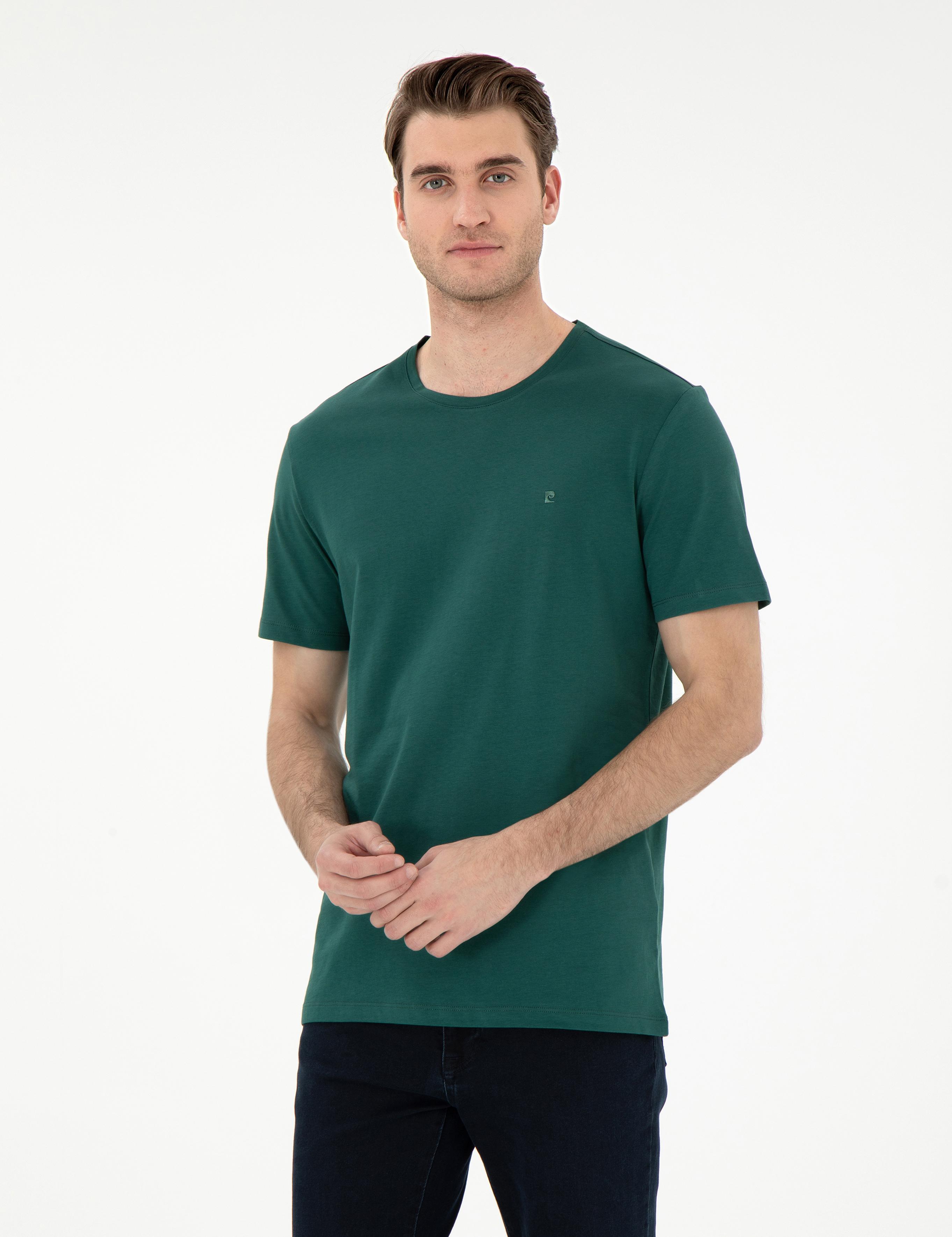 Koyu Yeşil %100 Pamuk Slim Fit Bisiklet Yaka Basic Tişört