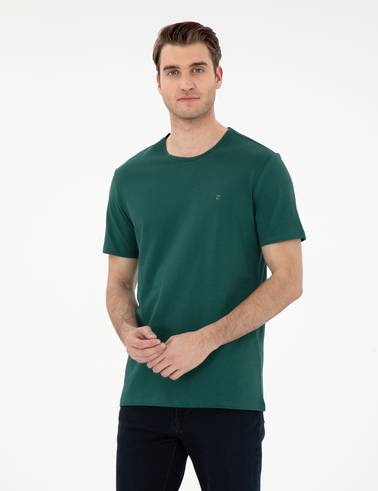 Koyu Yeşil Slim Fit %100 Pamuk Bisiklet Yaka Basic Tişört