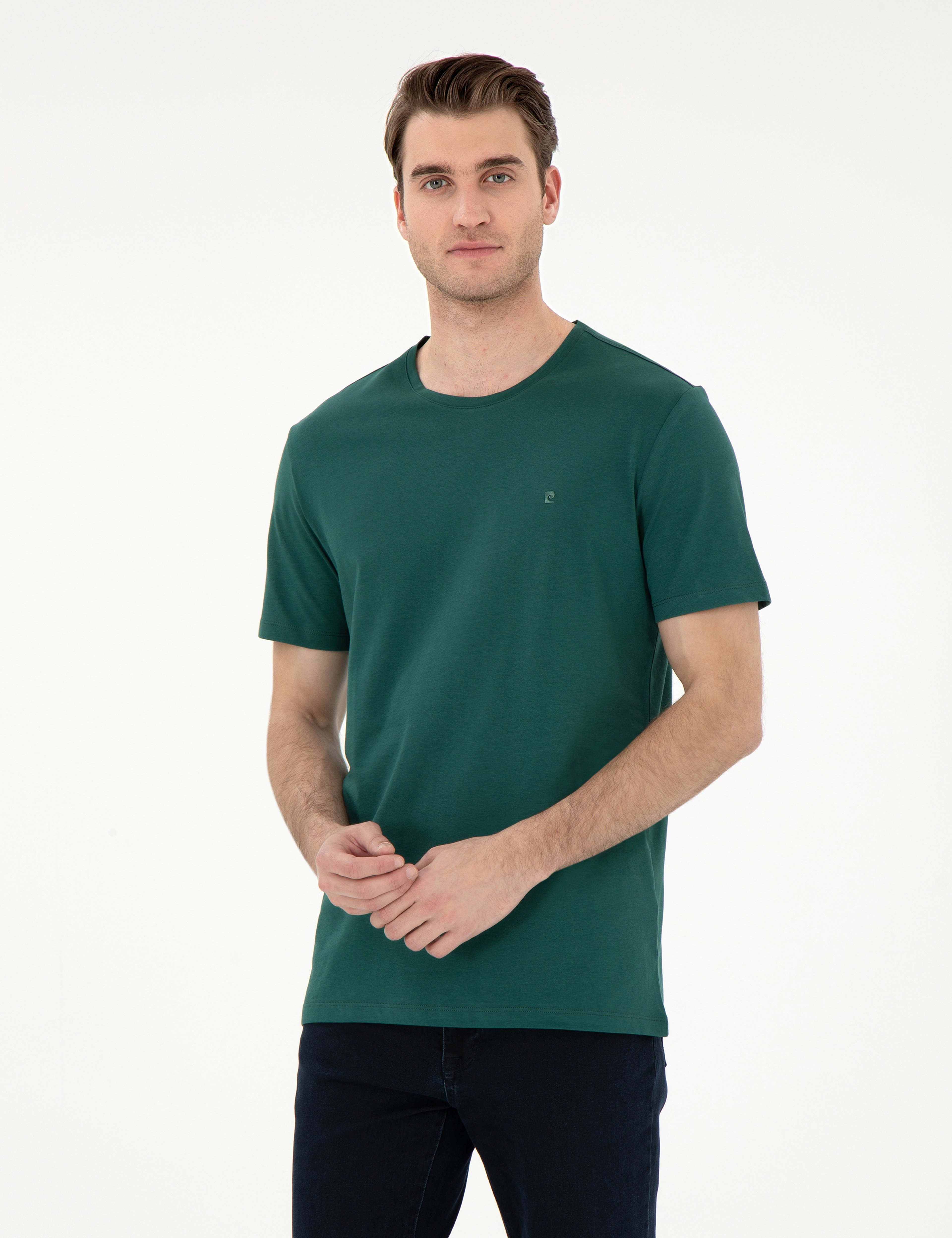 Koyu Yeşil Slim Fit %100 Pamuk Bisiklet Yaka Basic Tişört - Image 1