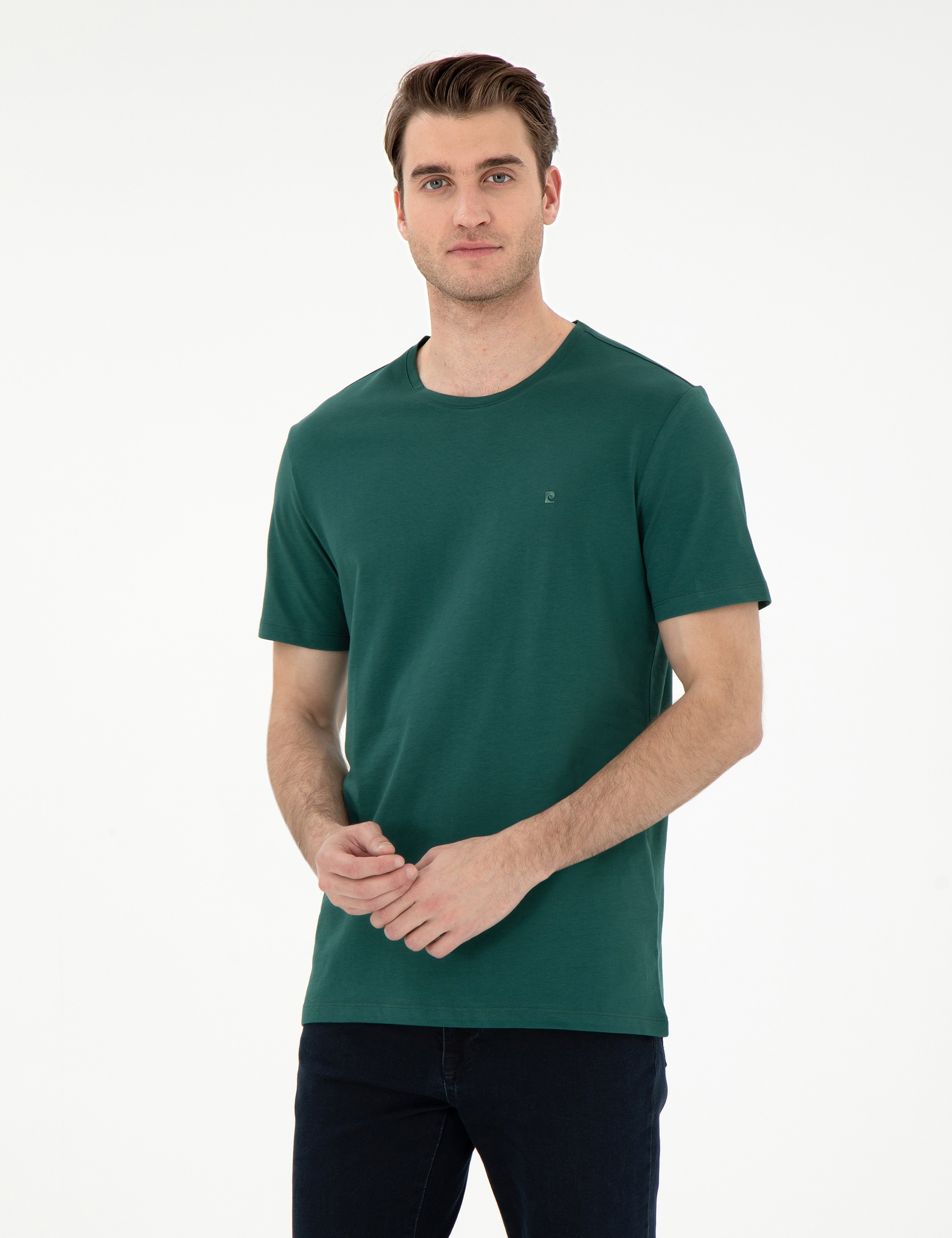 Koyu Yeşil Slim Fit %100 Pamuk Bisiklet Yaka Basic Tişört