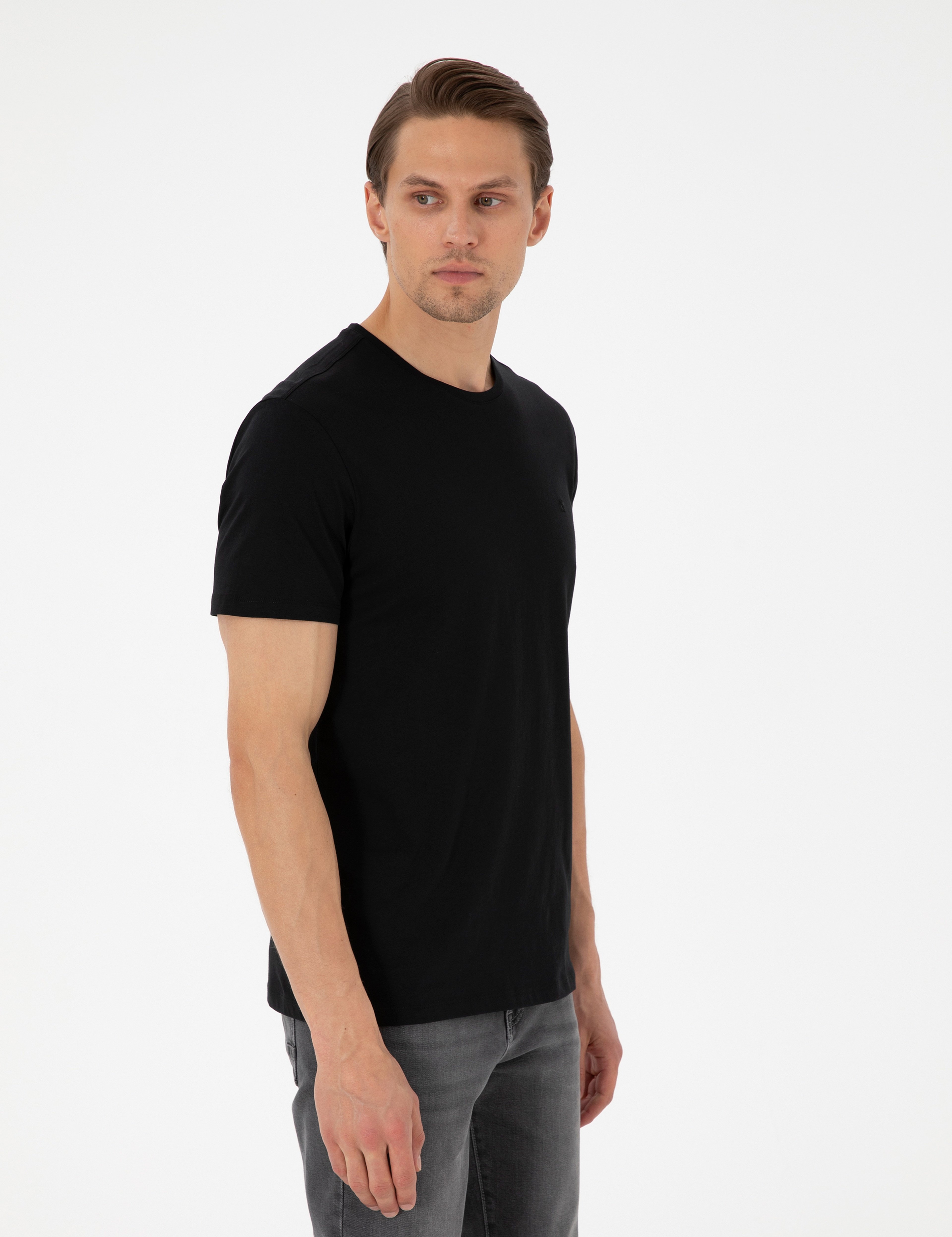 Siyah Slim Fit %100 Pamuk Bisiklet Yaka Basic Tişört - Image 1