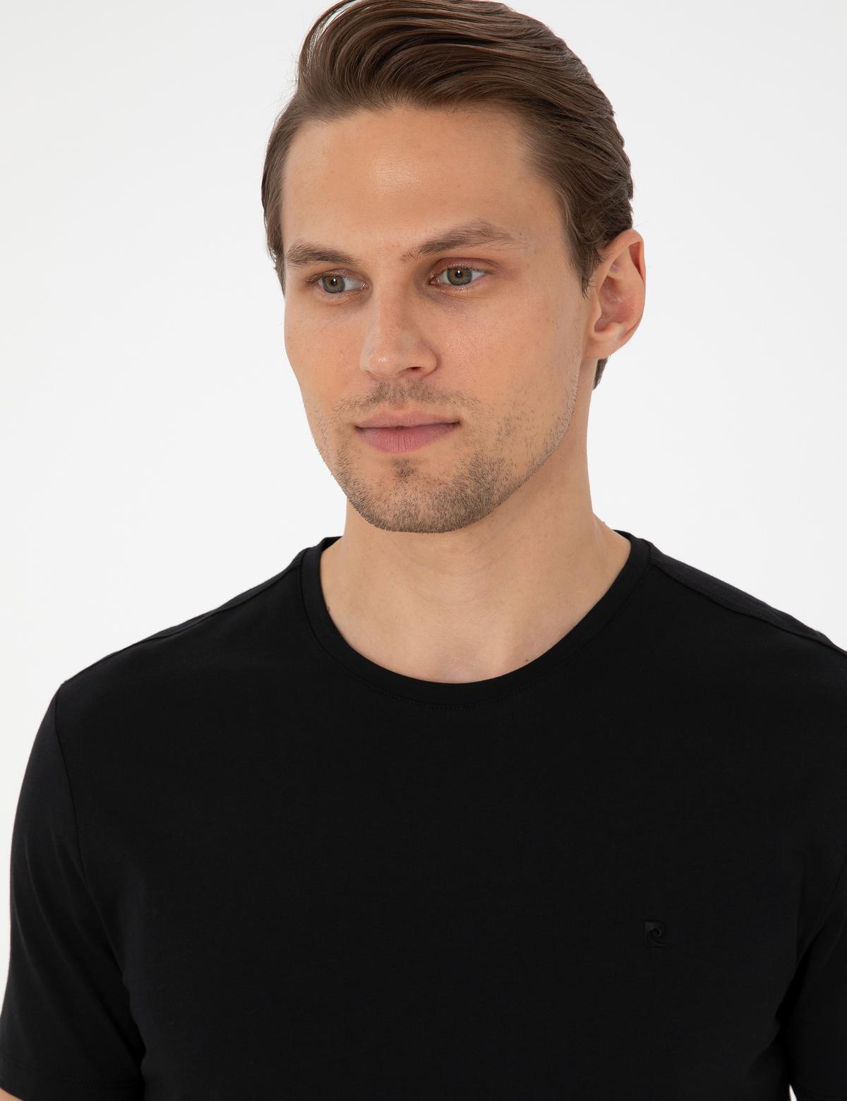 Siyah %100 Pamuk Slim Fit Bisiklet Yaka Basic Tişört - 50306980060